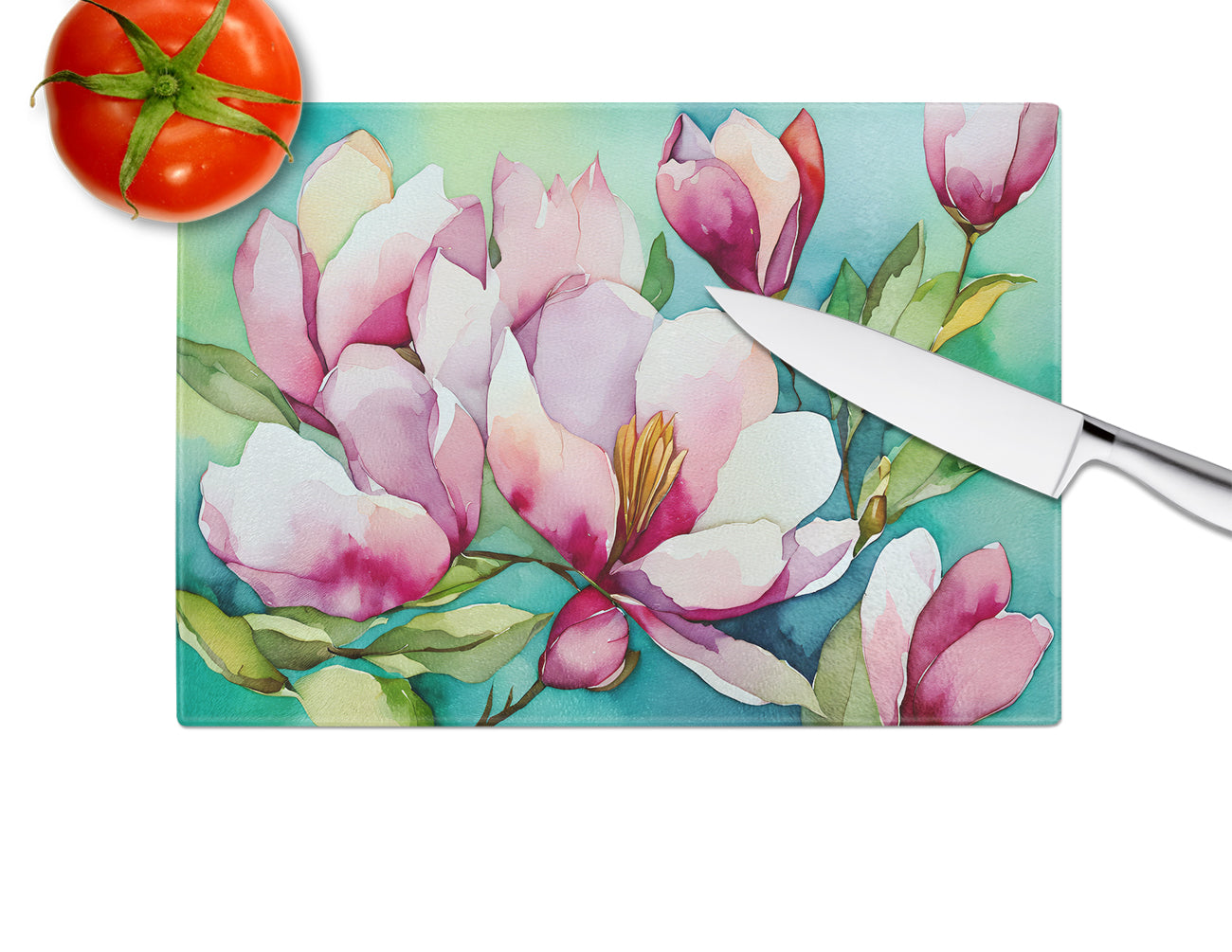 Louisiana Magnolias in Watercolor Glass Cutting Board