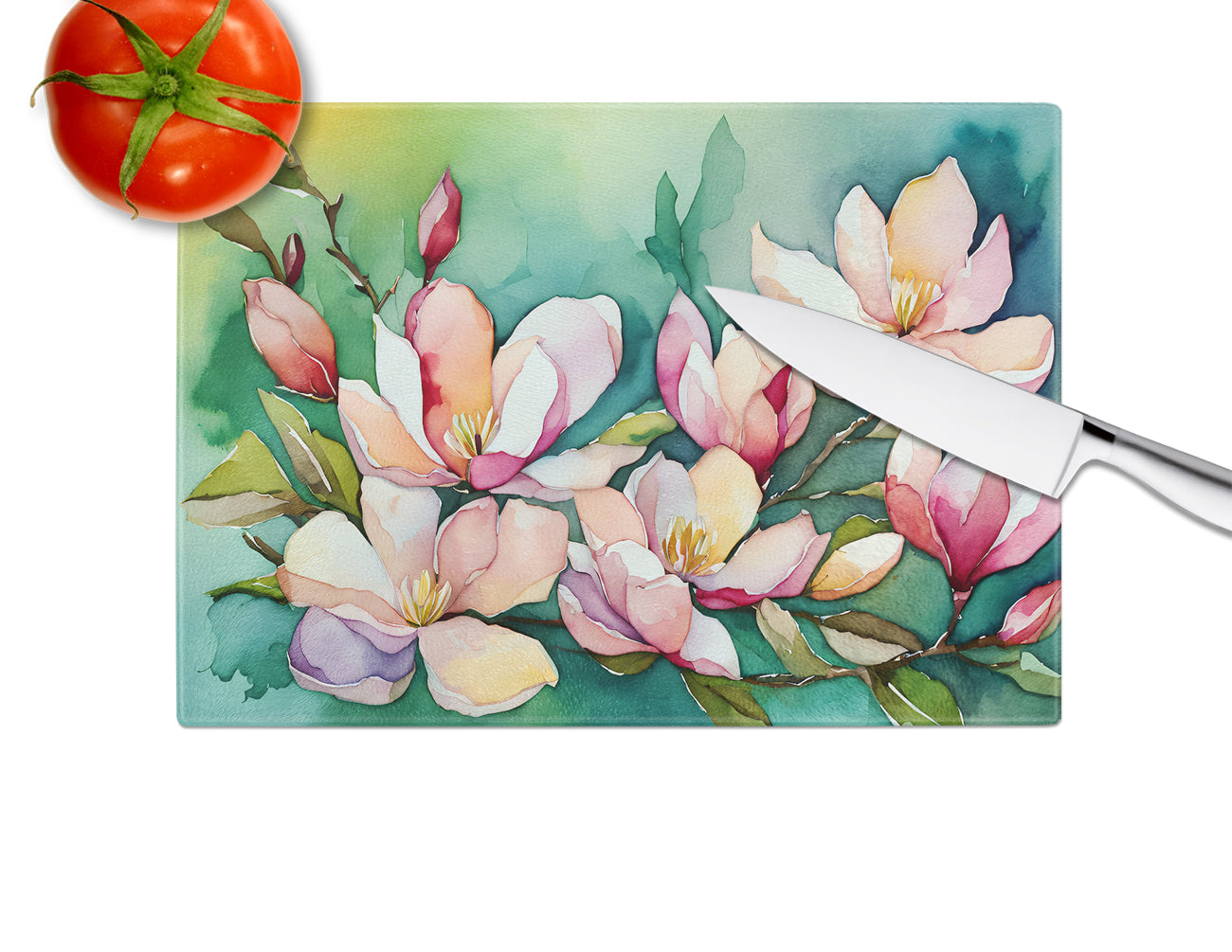 Louisiana Magnolias in Watercolor Glass Cutting Board