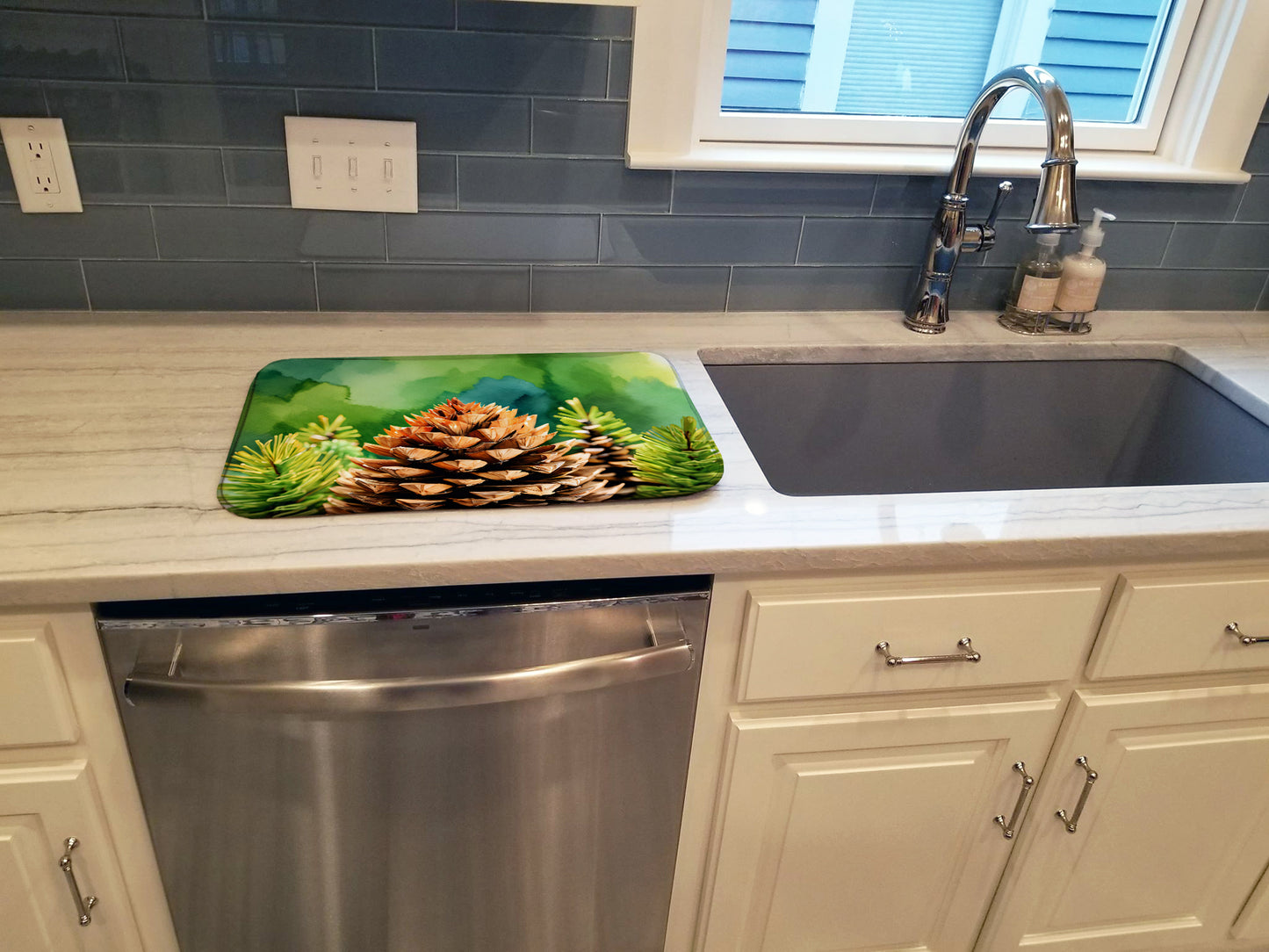 Maine White Pine Cone and Tassels in Watercolor Dish Drying Mat