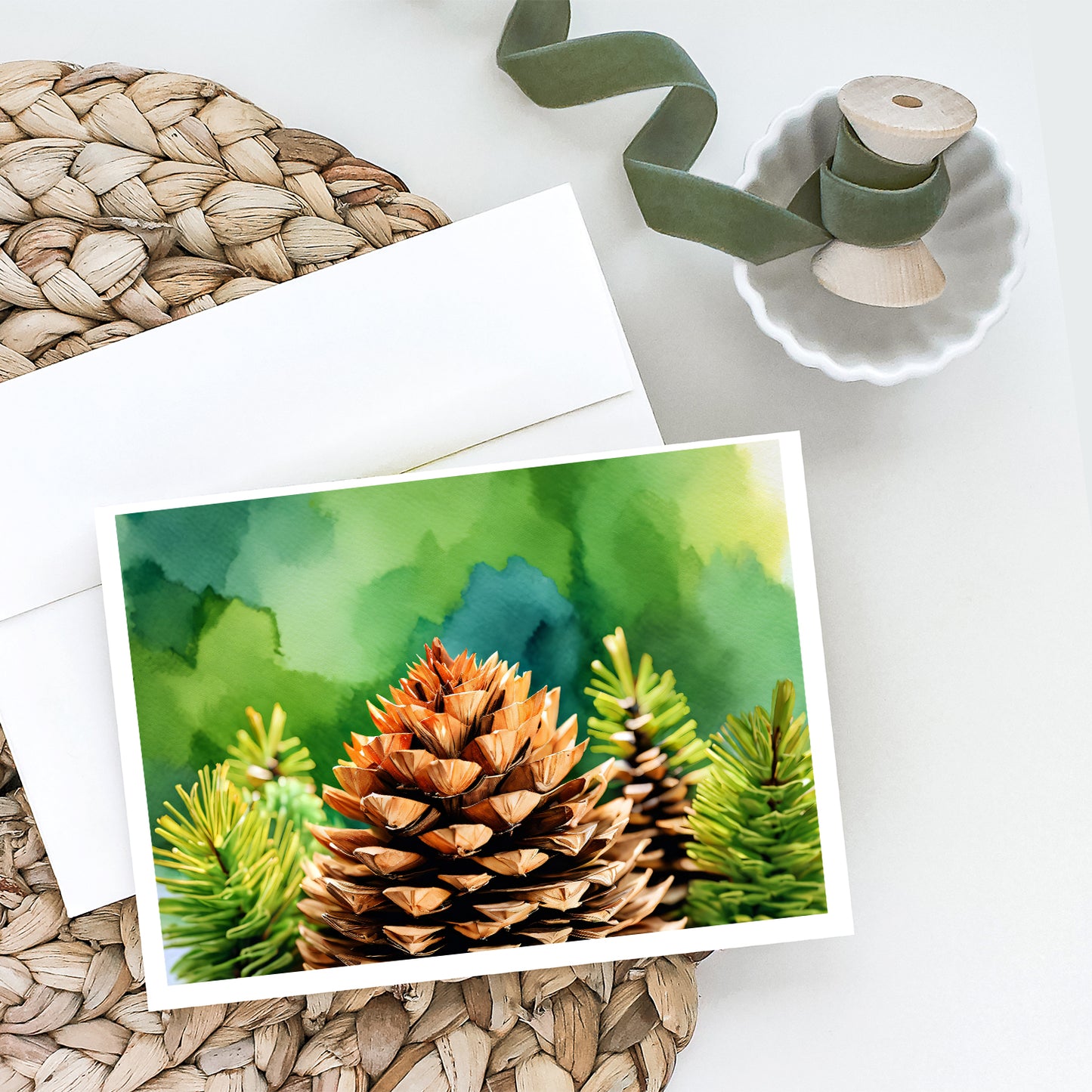 Maine White Pine Cone and Tassels in Watercolor Greeting Cards Pack of 8