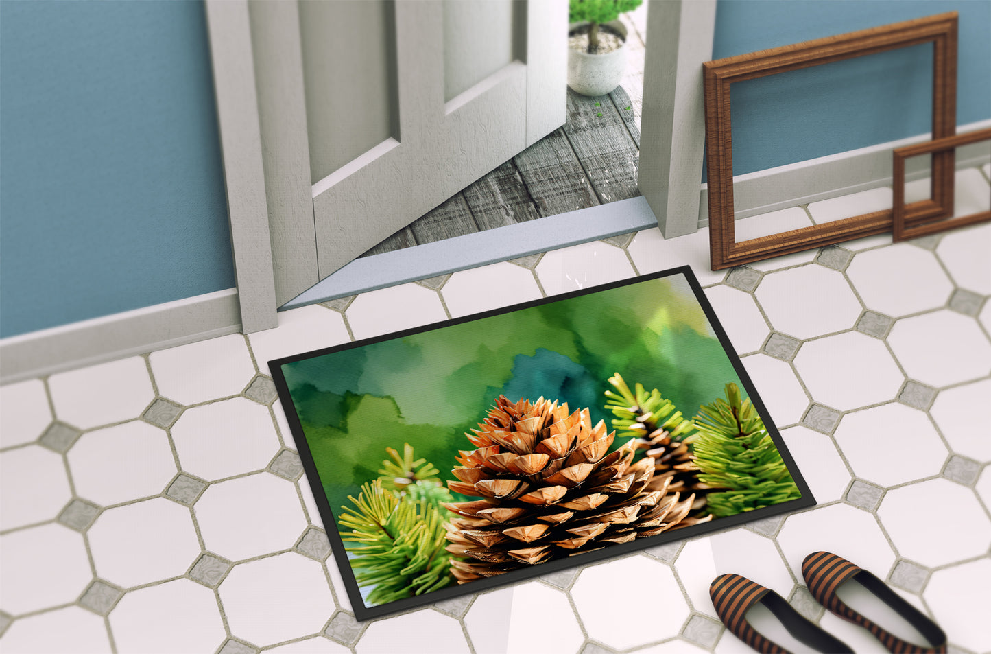 Maine White Pine Cone and Tassels in Watercolor Doormat