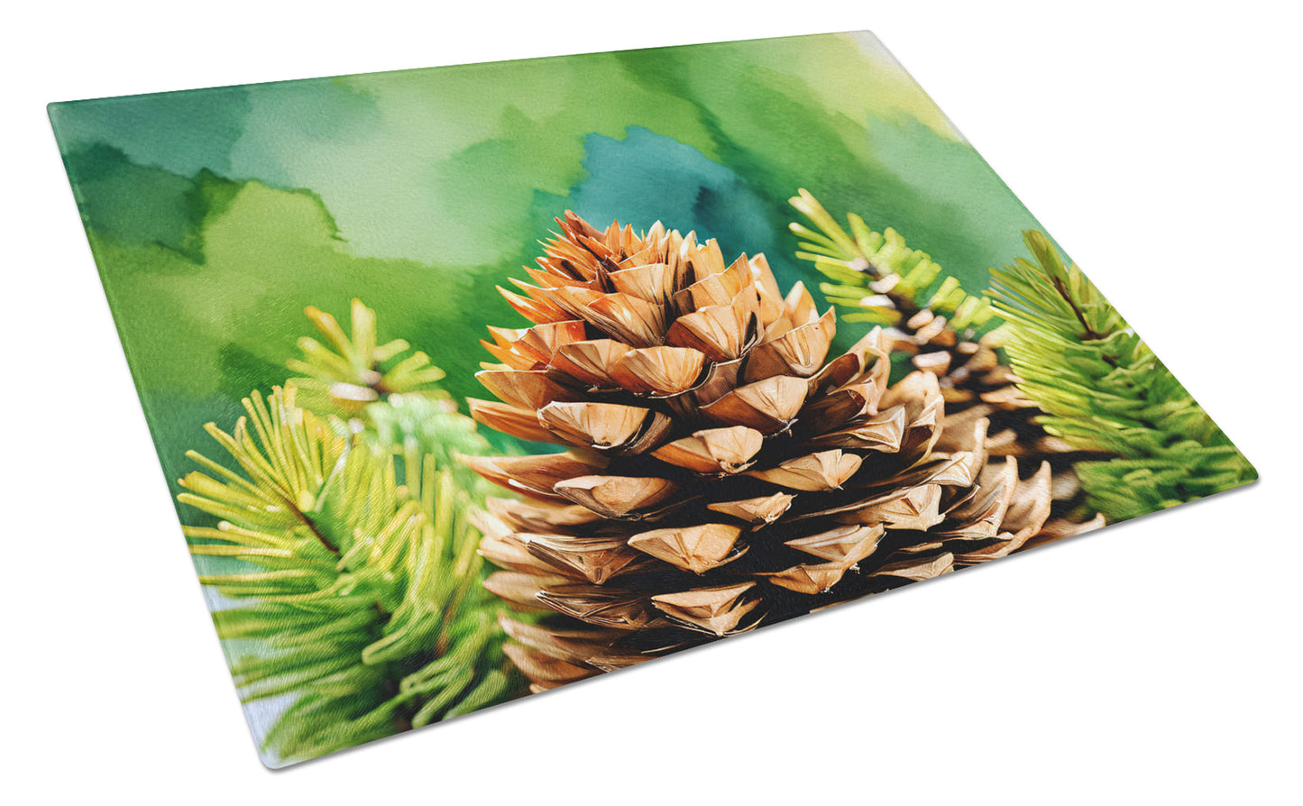 Buy this Maine White Pine Cone and Tassels in Watercolor Glass Cutting Board