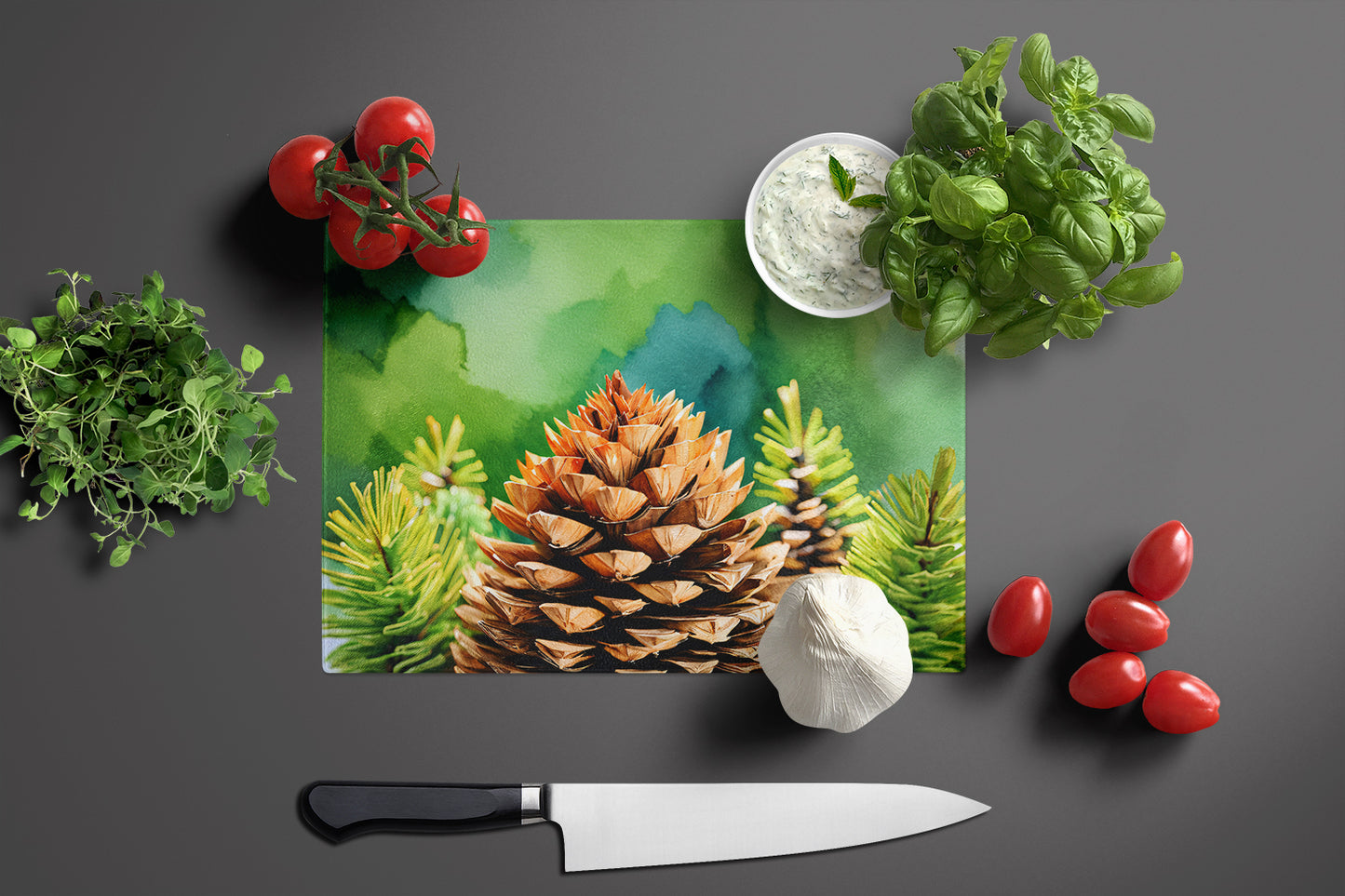 Maine White Pine Cone and Tassels in Watercolor Glass Cutting Board