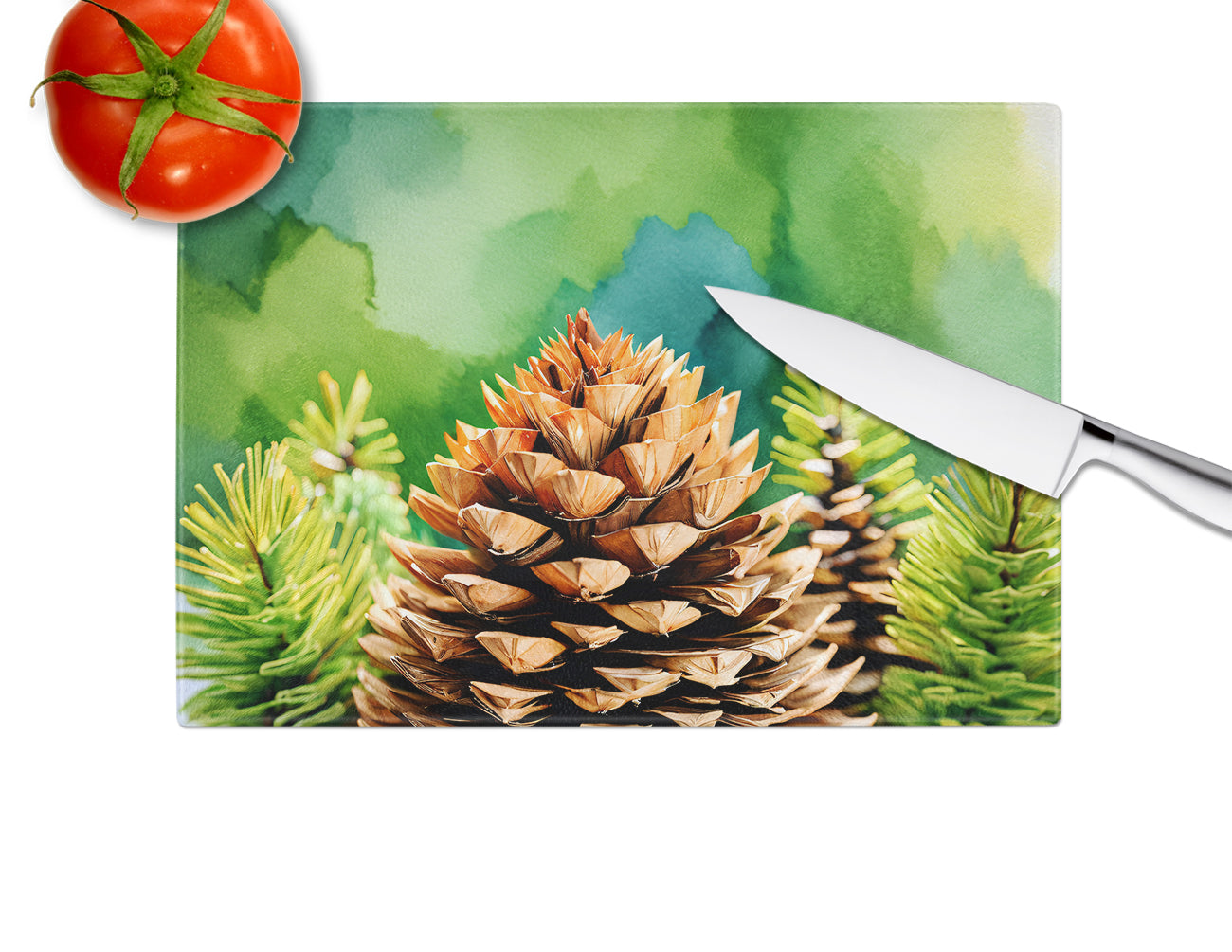 Maine White Pine Cone and Tassels in Watercolor Glass Cutting Board