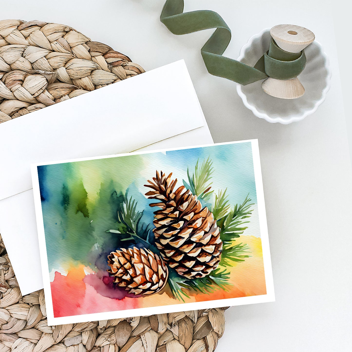 Maine White Pine Cone and Tassels in Watercolor Greeting Cards Pack of 8