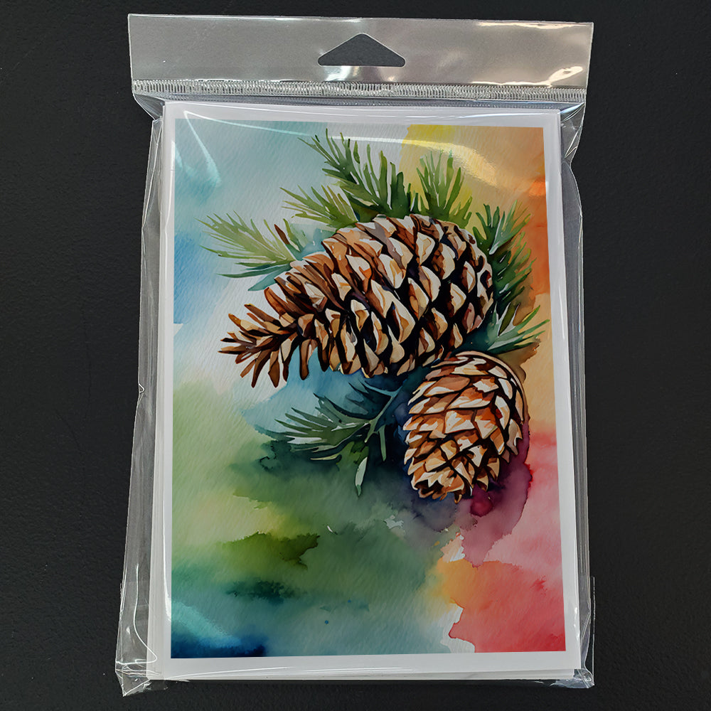 Maine White Pine Cone and Tassels in Watercolor Greeting Cards Pack of 8