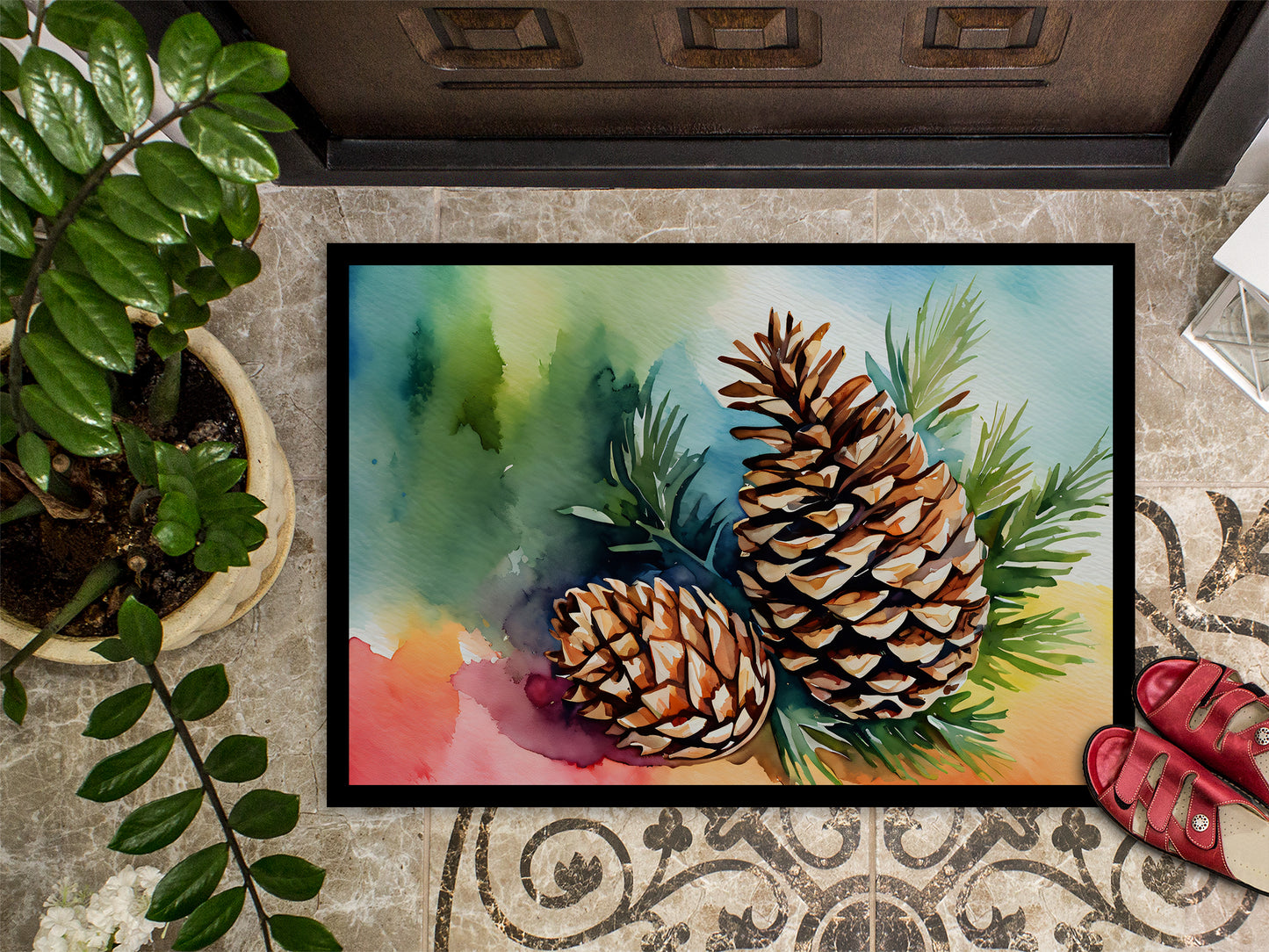 Maine White Pine Cone and Tassels in Watercolor Doormat