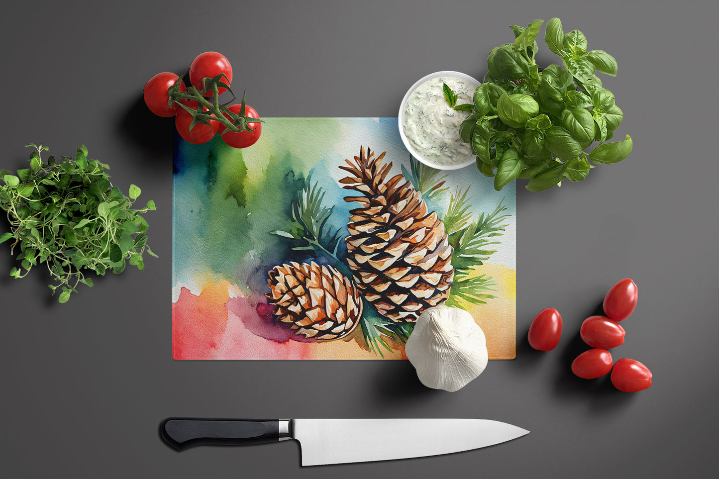 Maine White Pine Cone and Tassels in Watercolor Glass Cutting Board