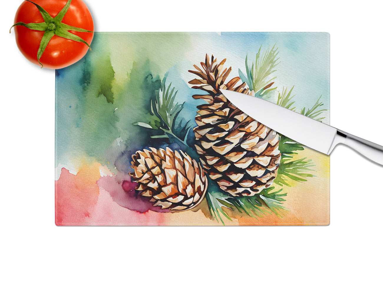 Maine White Pine Cone and Tassels in Watercolor Glass Cutting Board