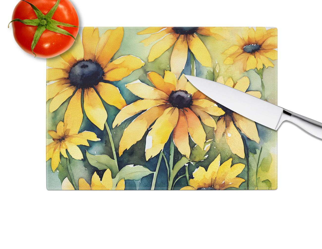 Maryland Black-Eyed Susans in Watercolor Glass Cutting Board