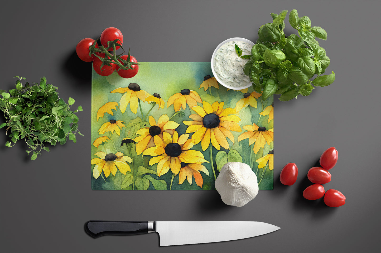 Maryland Black-Eyed Susans in Watercolor Glass Cutting Board