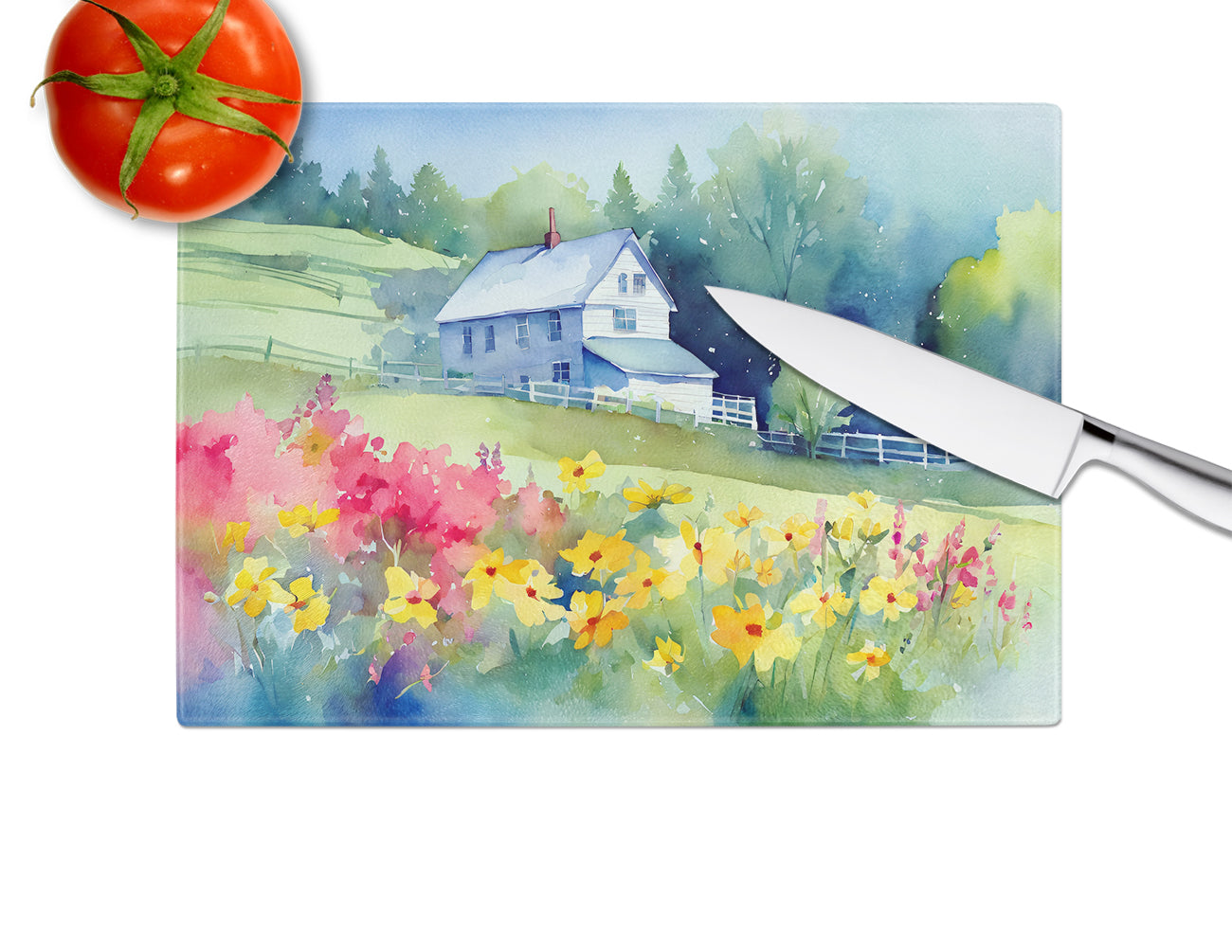 Massachusetts Mayflowers in Watercolor Glass Cutting Board