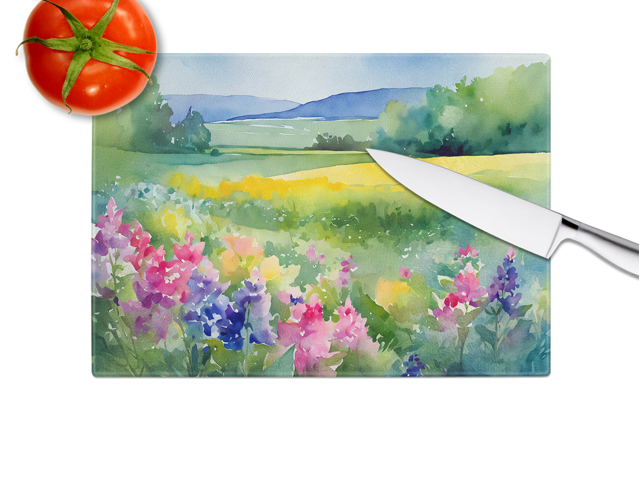 Massachusetts Mayflowers in Watercolor Glass Cutting Board