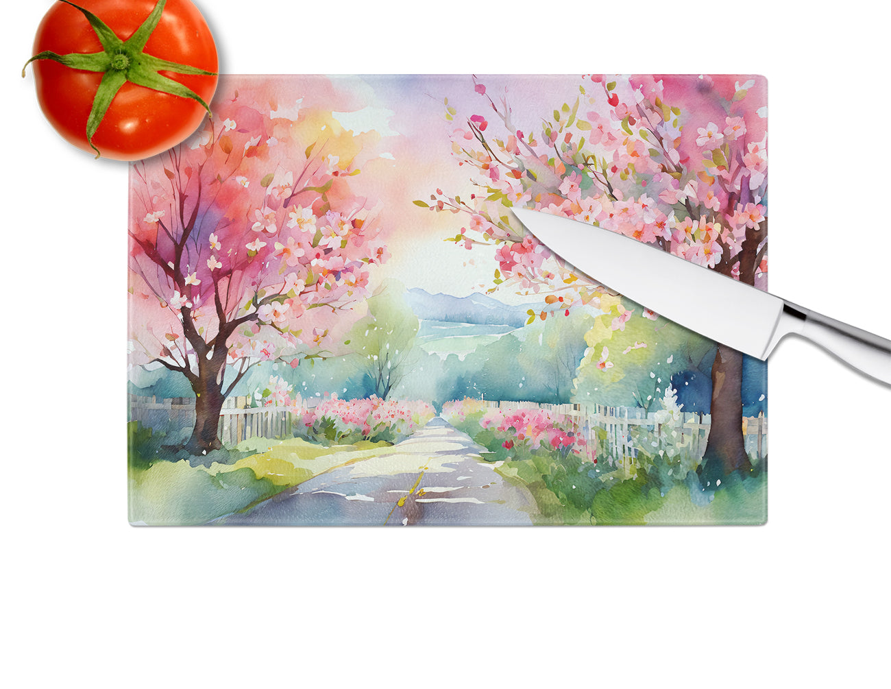 Michigan Apple Blossoms in Watercolor Glass Cutting Board