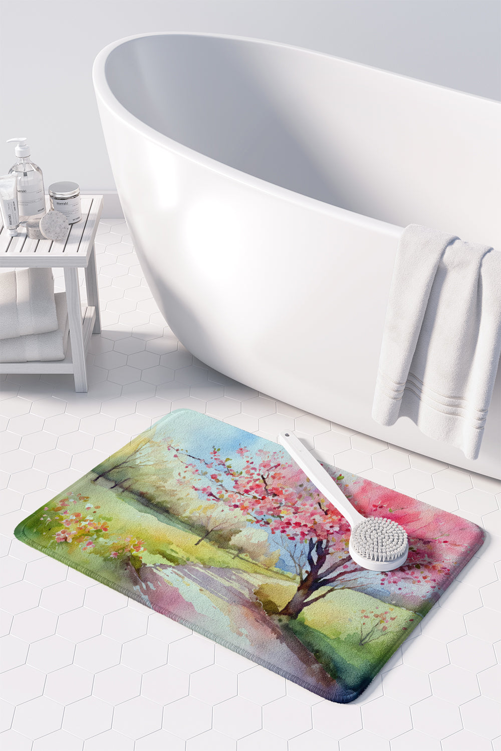 Michigan Apple Blossoms in Watercolor Memory Foam Kitchen Mat