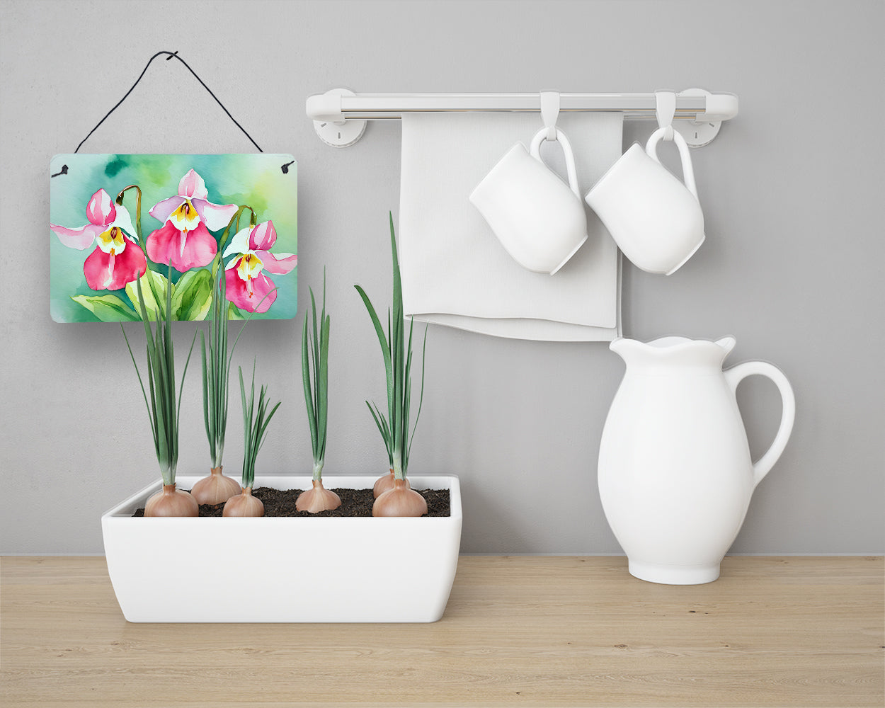 Minnesota Pink and White Lady Slippers in Watercolor Wall or Door Hanging Prints