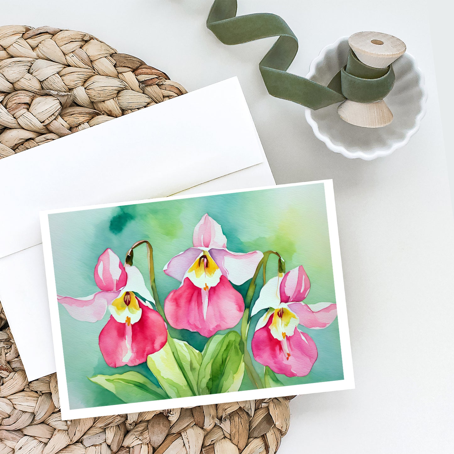 Minnesota Pink and White Lady Slippers in Watercolor Greeting Cards Pack of 8