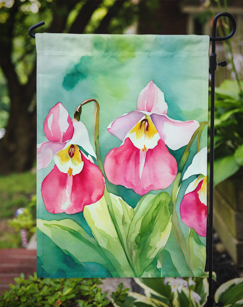 Minnesota Pink and White Lady Slippers in Watercolor Garden Flag