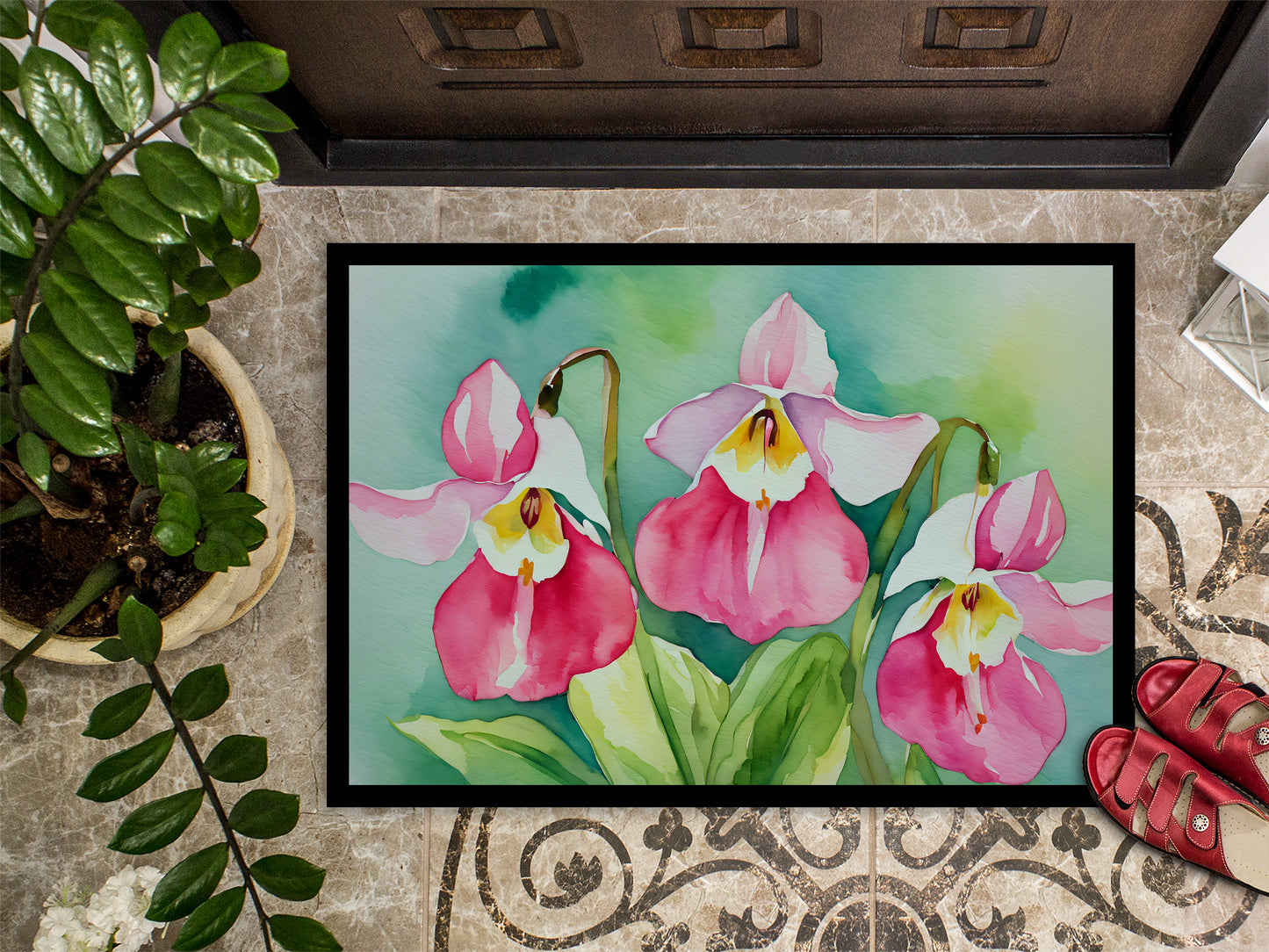 Minnesota Pink and White Lady Slippers in Watercolor Doormat