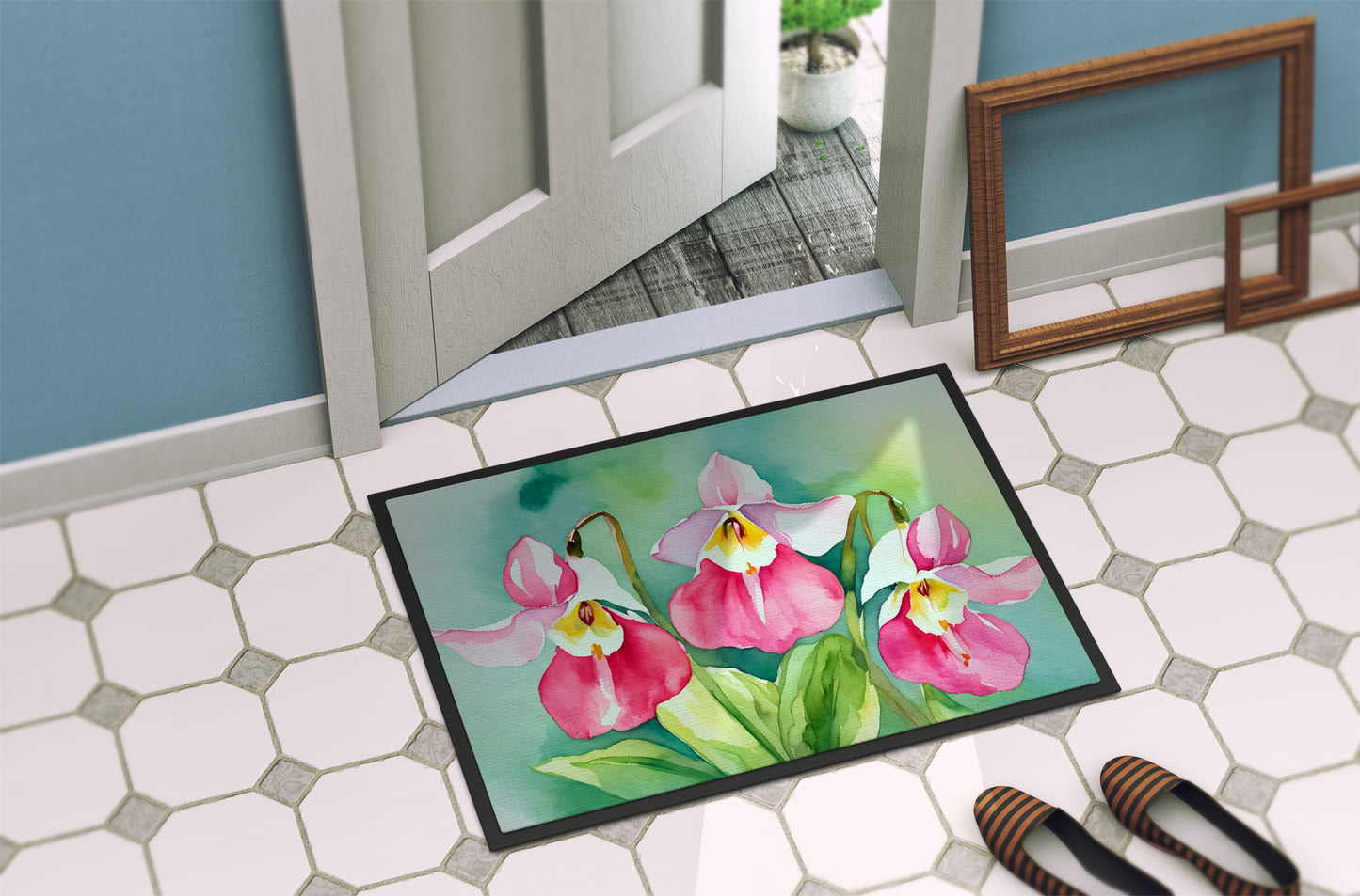 Minnesota Pink and White Lady Slippers in Watercolor Doormat