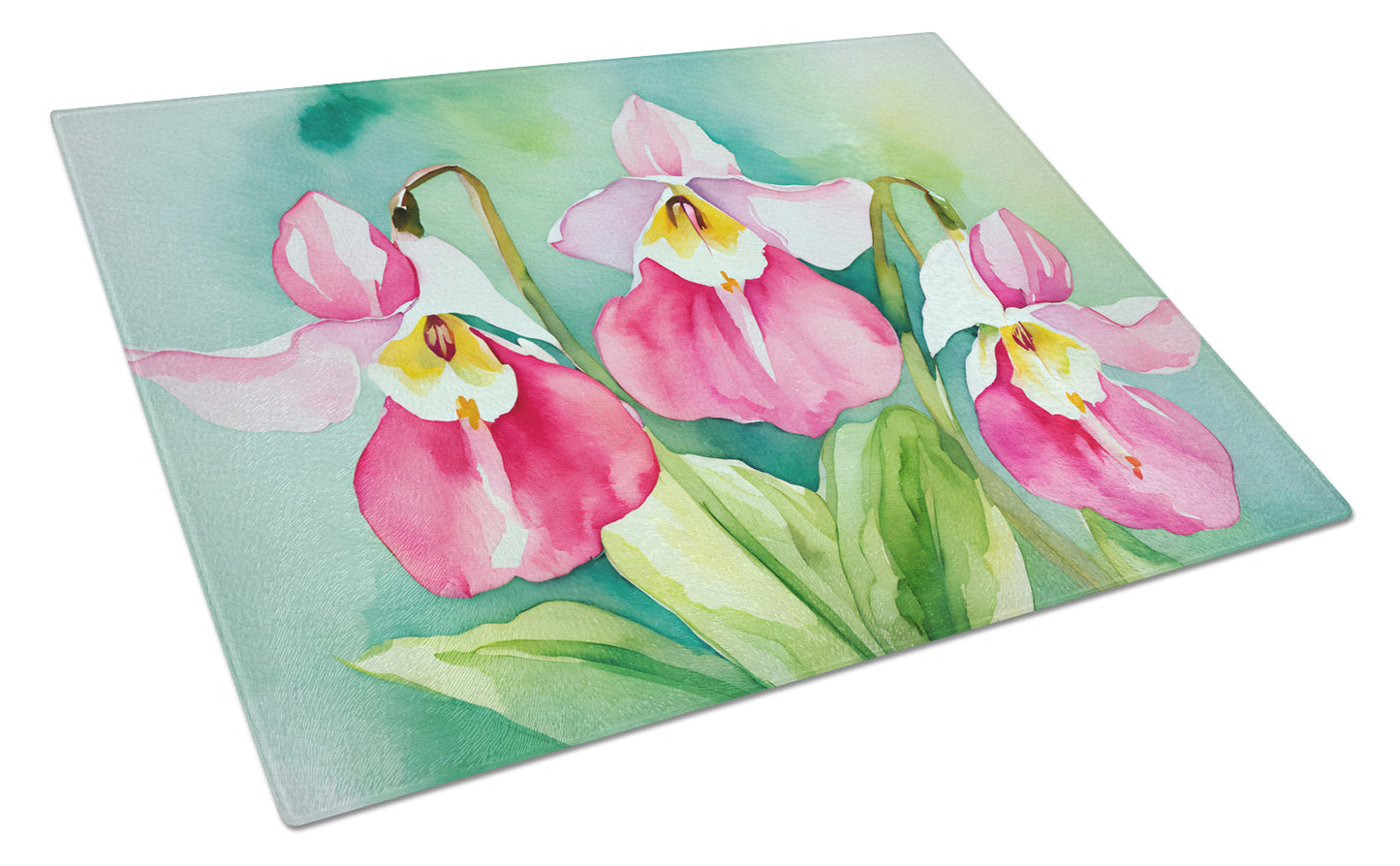 Buy this Minnesota Pink and White Lady�s Slippers in Watercolor Glass Cutting Board