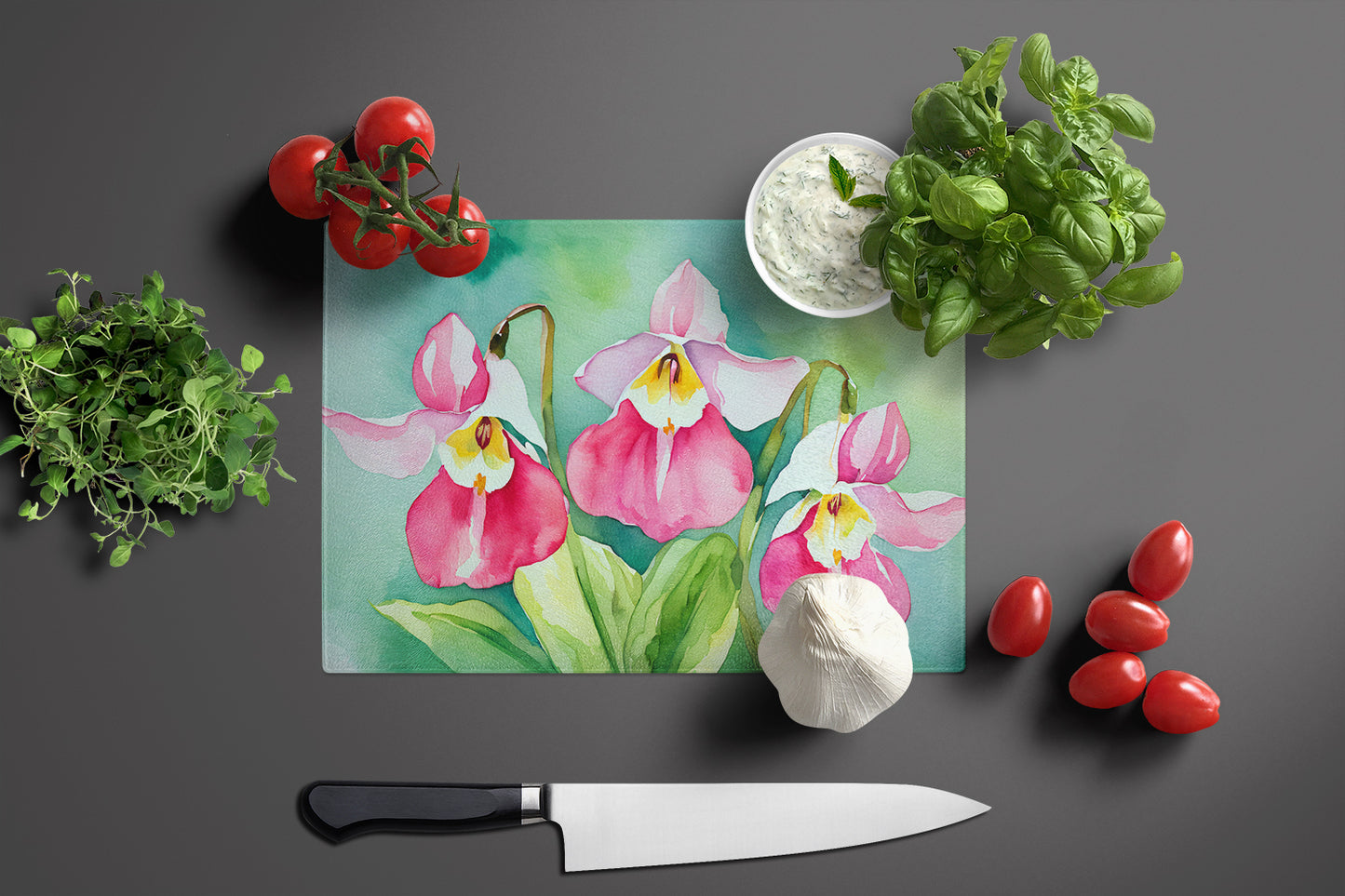 Minnesota Pink and White Lady Slippers in Watercolor Glass Cutting Board