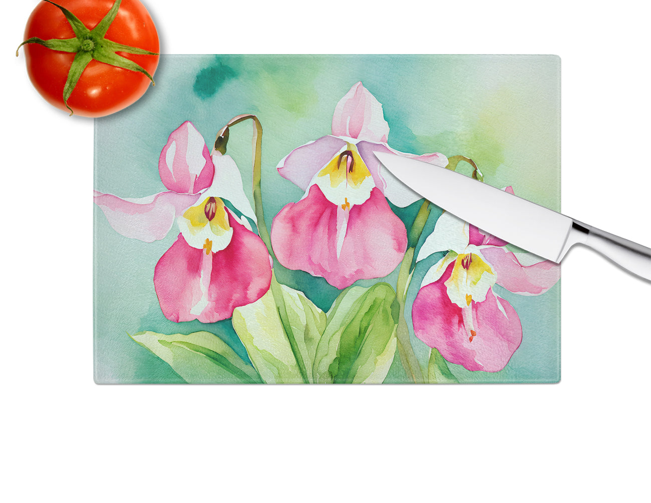 Minnesota Pink and White Lady Slippers in Watercolor Glass Cutting Board