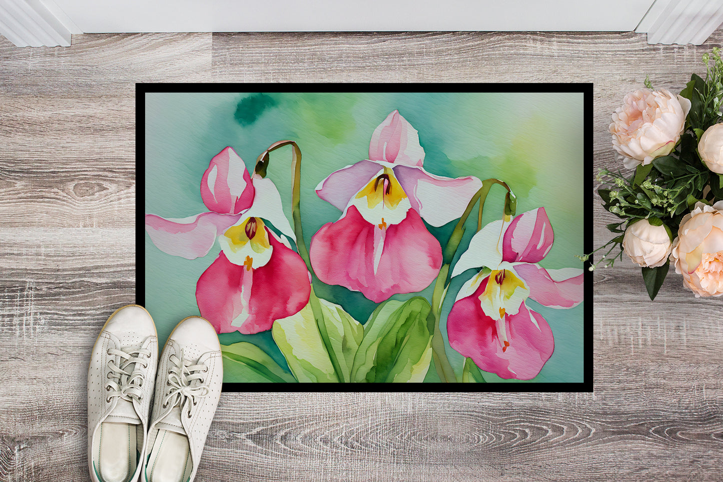 Minnesota Pink and White Lady Slippers in Watercolor Doormat