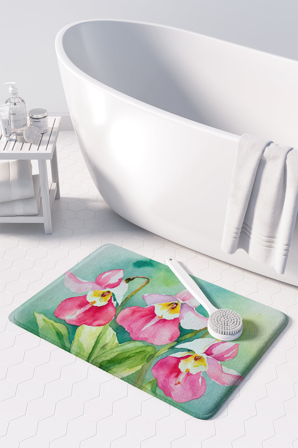 Minnesota Pink and White Lady Slippers in Watercolor Memory Foam Kitchen Mat