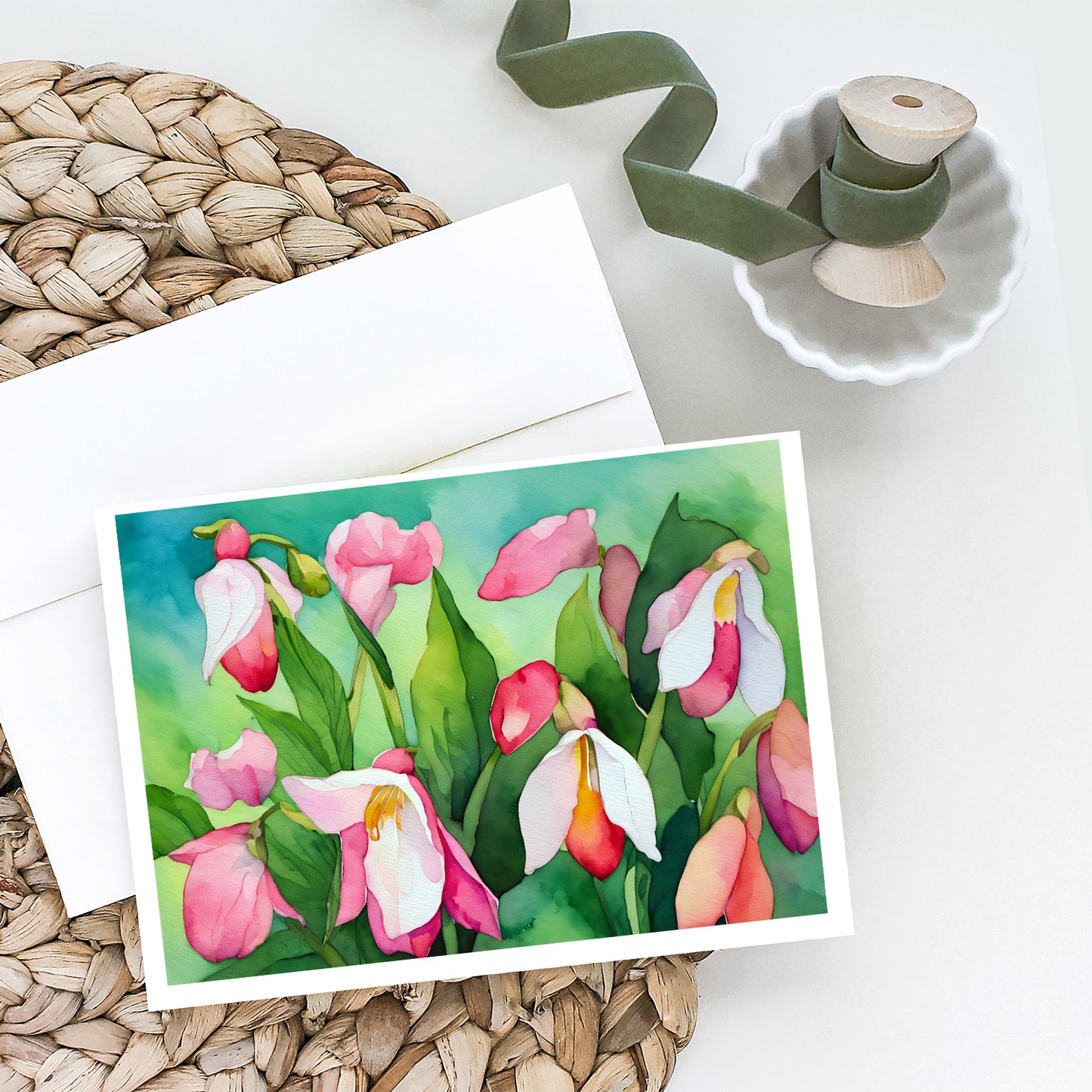 Minnesota Pink and White Lady Slippers in Watercolor Greeting Cards Pack of 8