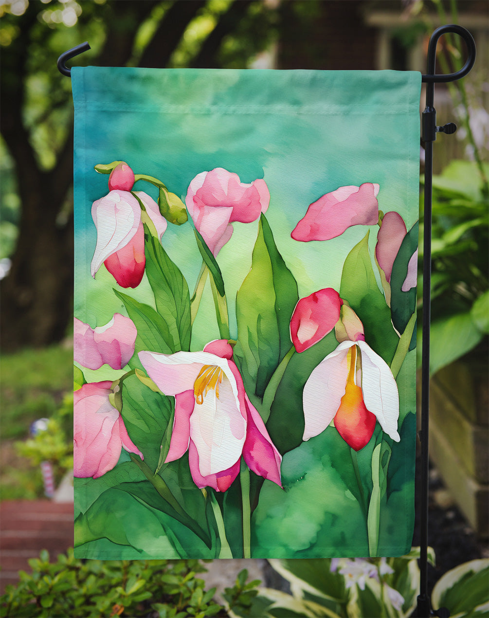 Minnesota Pink and White Lady Slippers in Watercolor Garden Flag