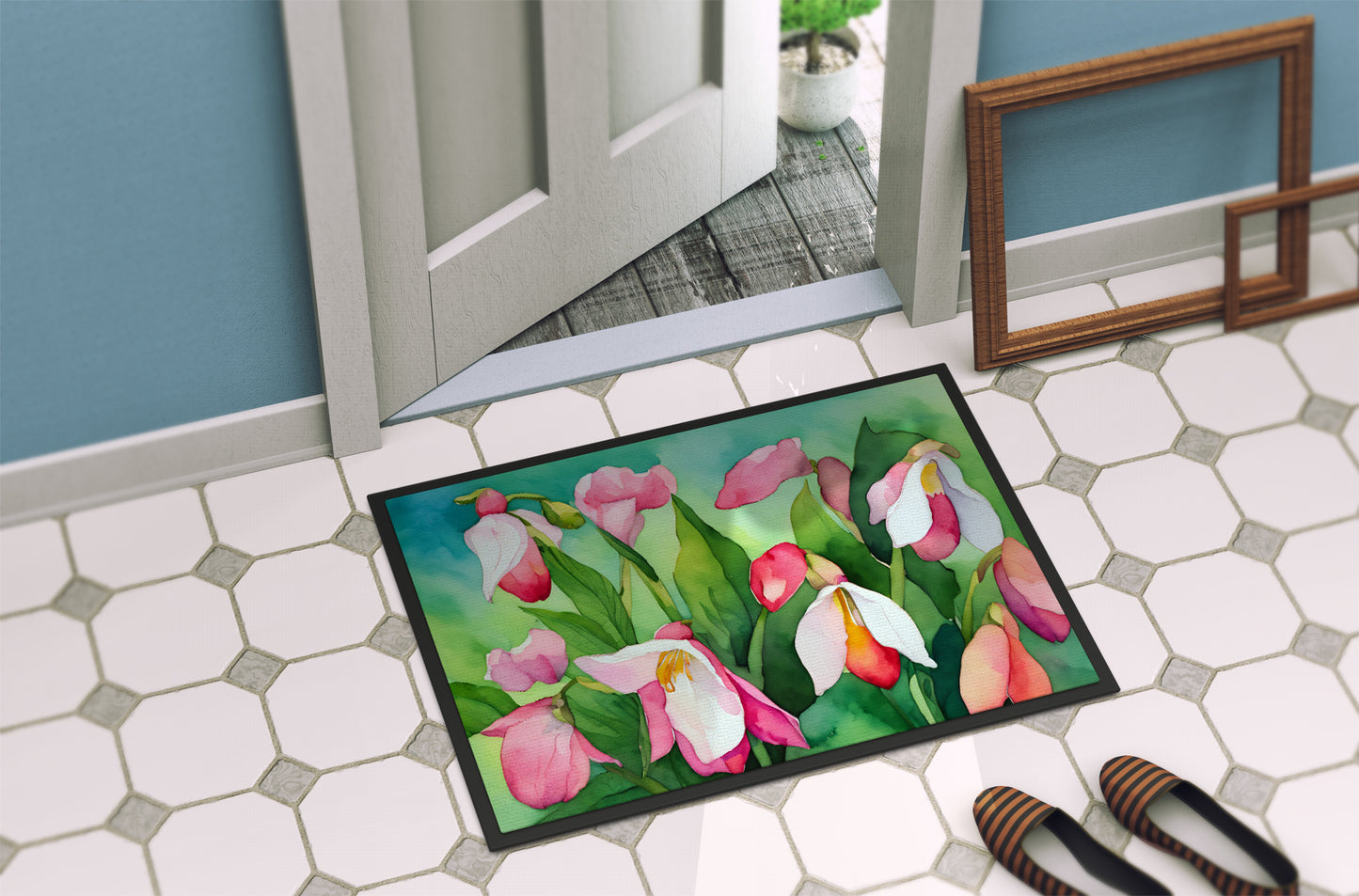 Minnesota Pink and White Lady Slippers in Watercolor Doormat