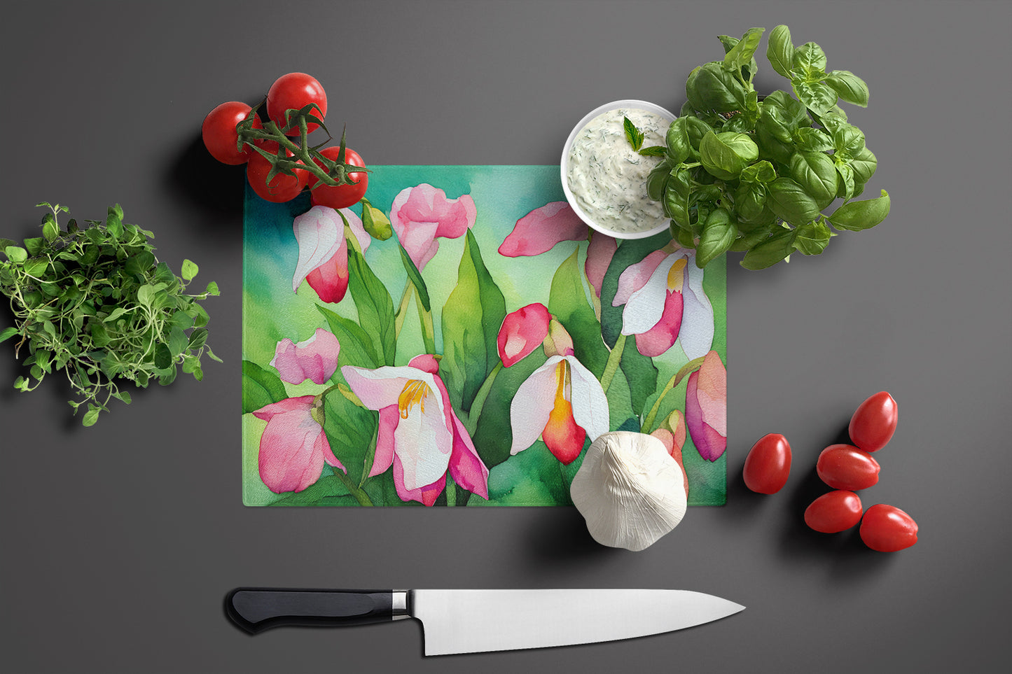 Minnesota Pink and White Lady Slippers in Watercolor Glass Cutting Board