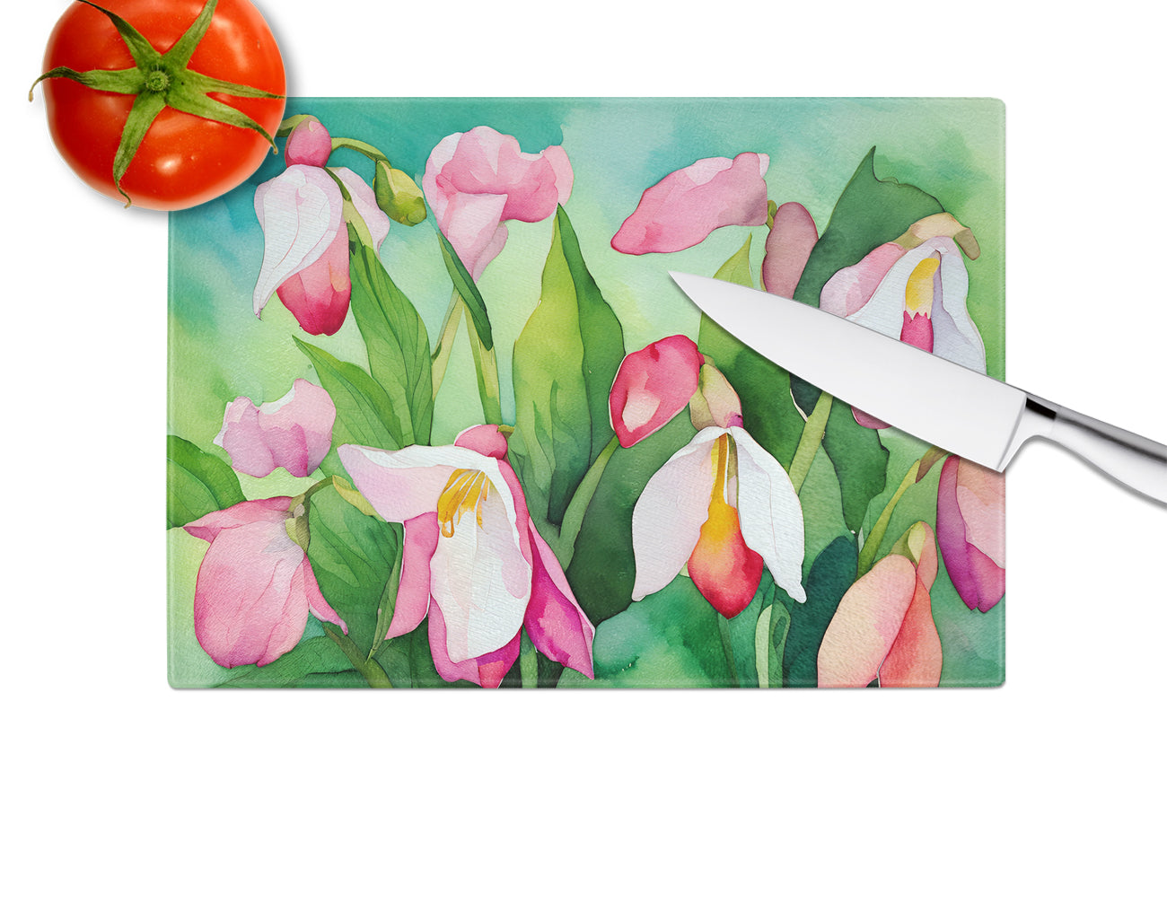 Minnesota Pink and White Lady Slippers in Watercolor Glass Cutting Board