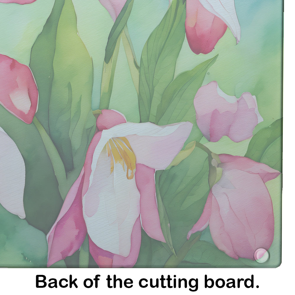 Minnesota Pink and White Lady Slippers in Watercolor Glass Cutting Board