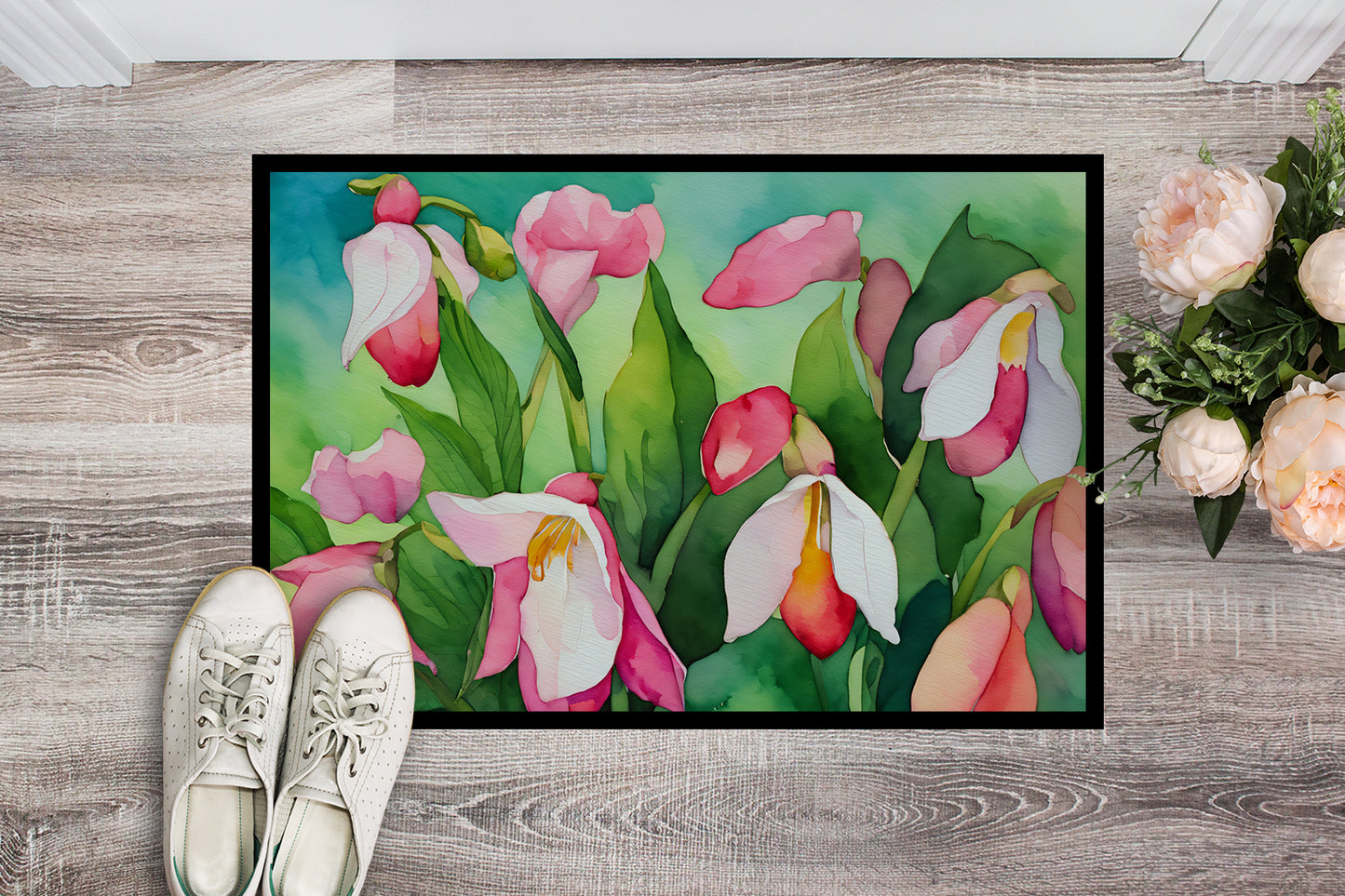 Minnesota Pink and White Lady Slippers in Watercolor Doormat