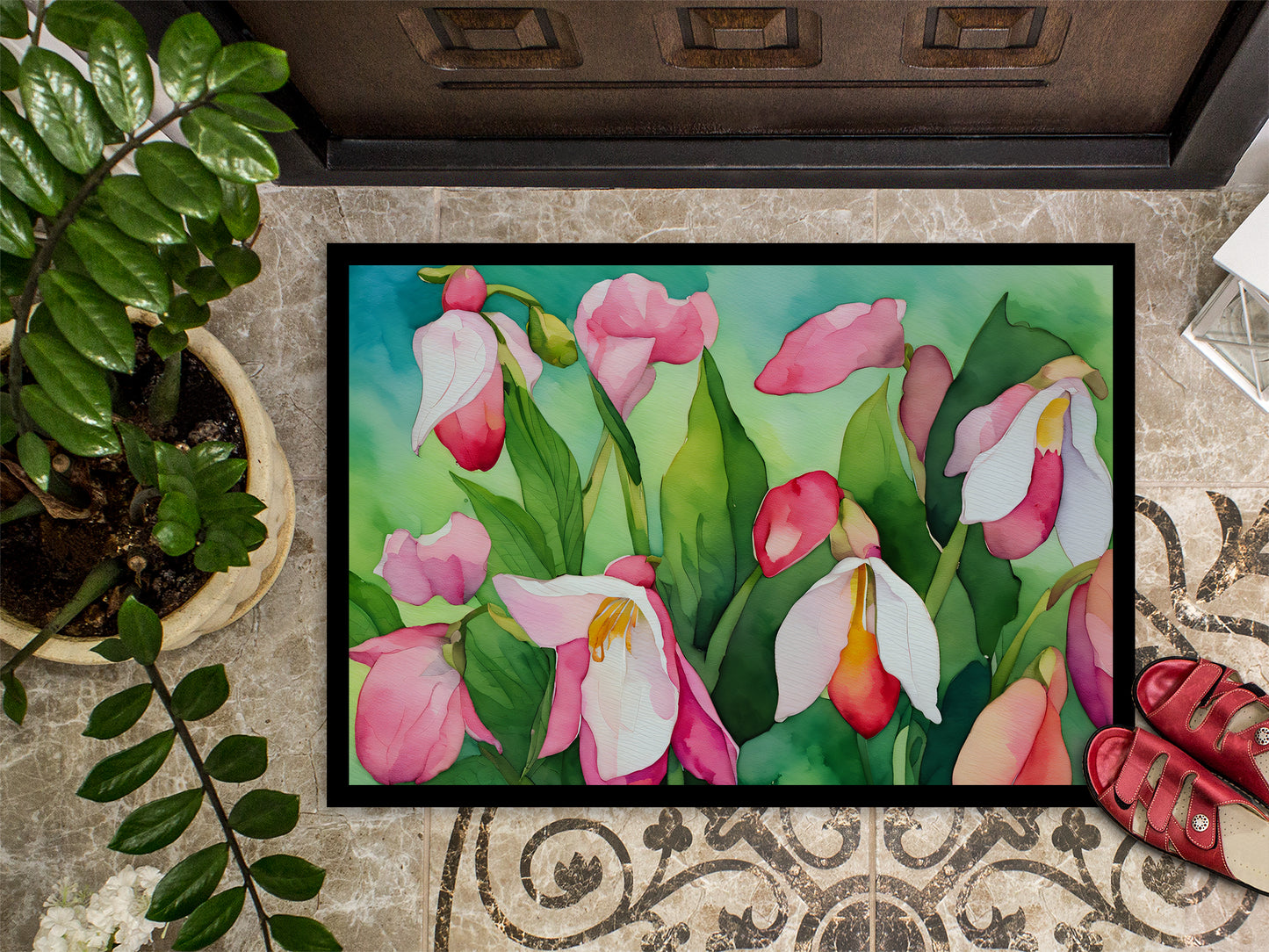 Minnesota Pink and White Lady Slippers in Watercolor Doormat