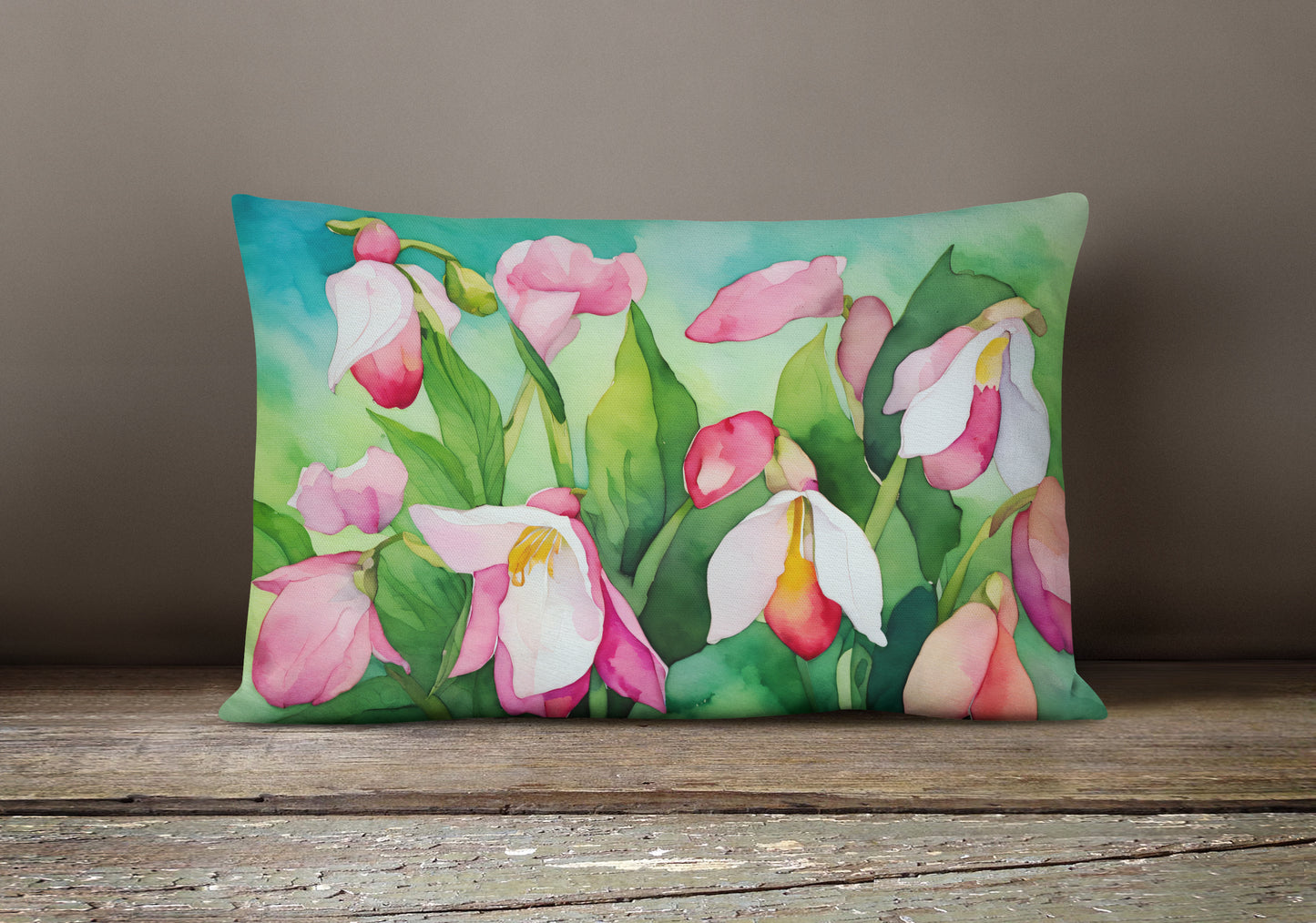 Minnesota Pink and White Lady Slippers in Watercolor Throw Pillow