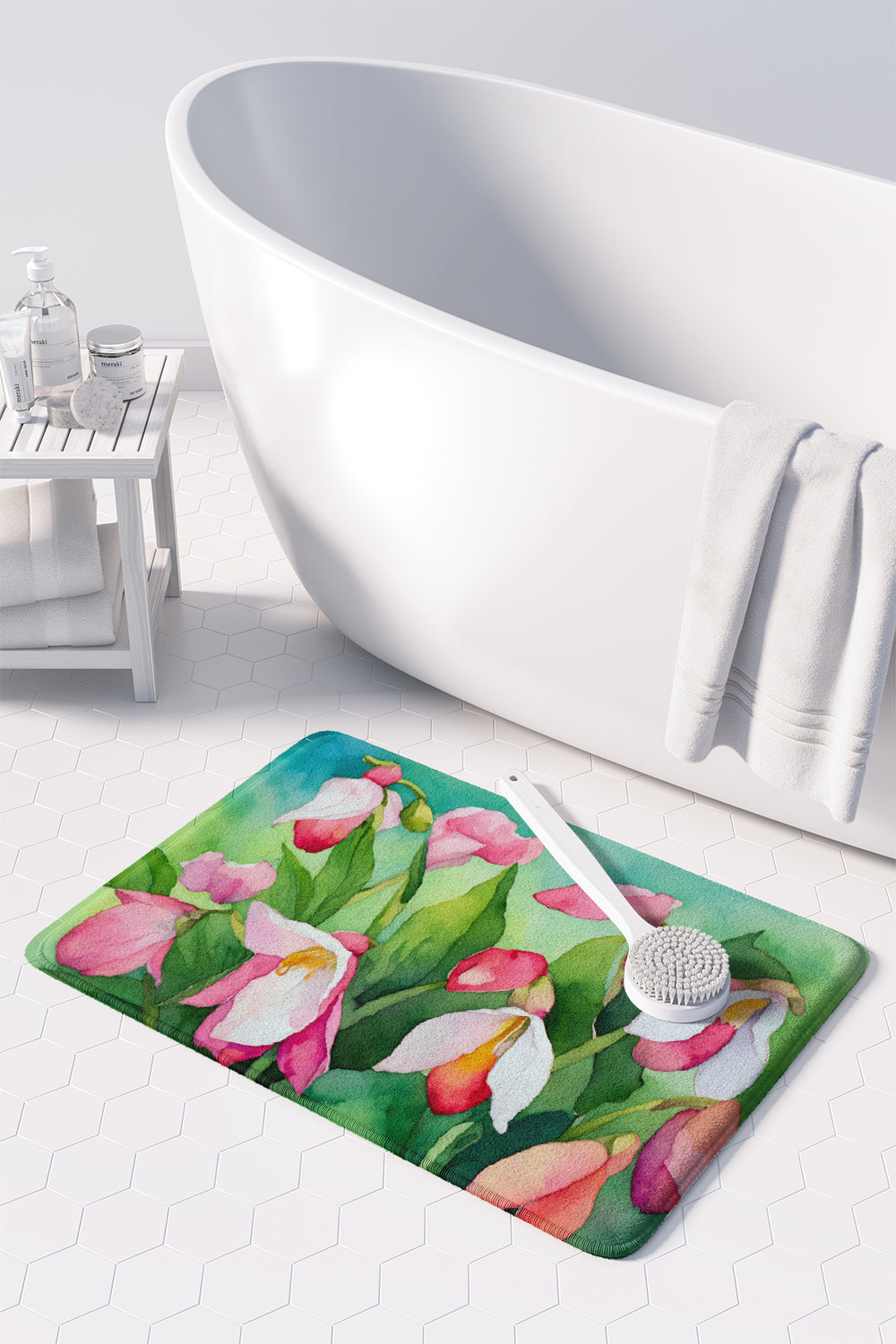 Minnesota Pink and White Lady Slippers in Watercolor Memory Foam Kitchen Mat