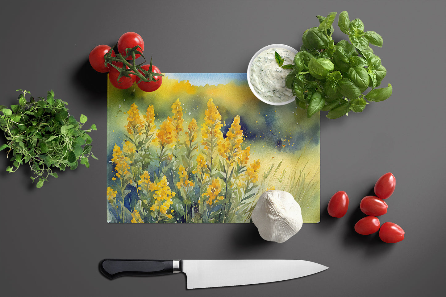 Nebraska Goldenrod in Watercolor Glass Cutting Board