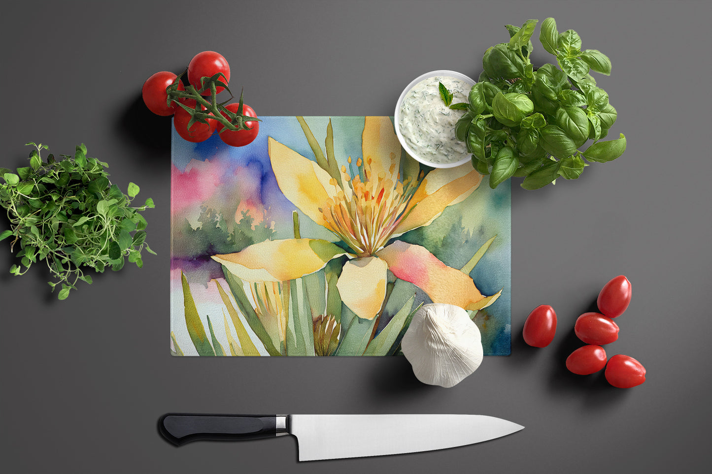 New Mexico Yucca Flower in Watercolor Glass Cutting Board