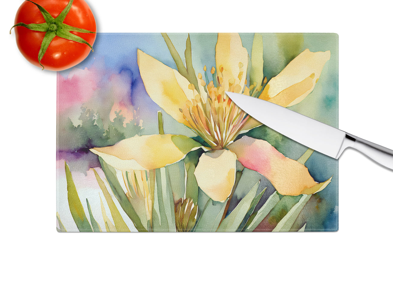 New Mexico Yucca Flower in Watercolor Glass Cutting Board