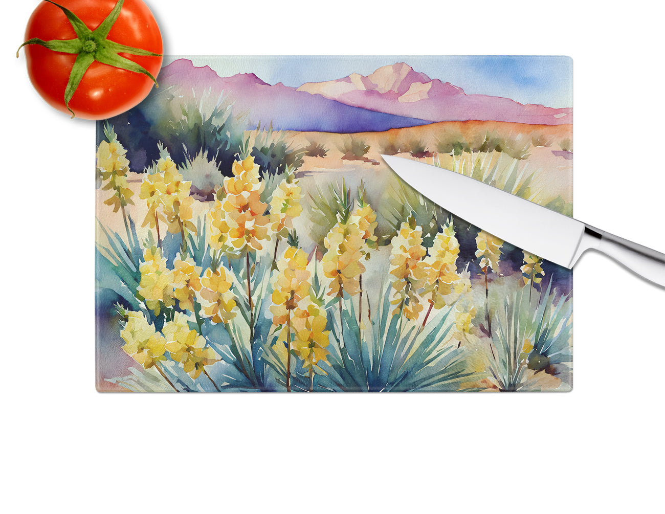 New Mexico Yucca Flower in Watercolor Glass Cutting Board