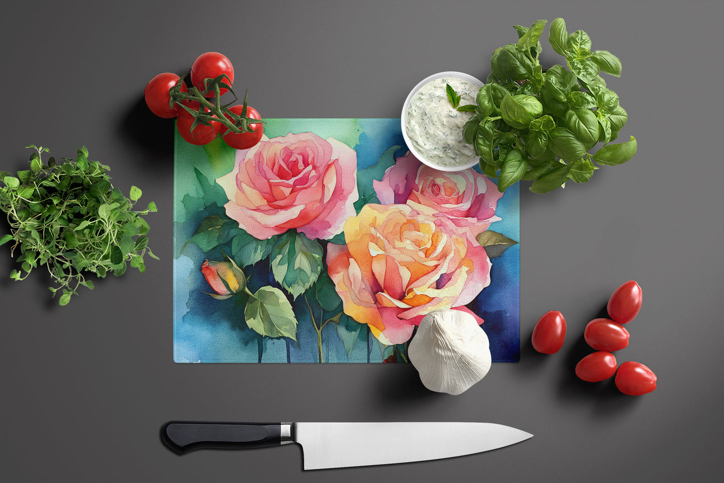 New York Roses in Watercolor Glass Cutting Board