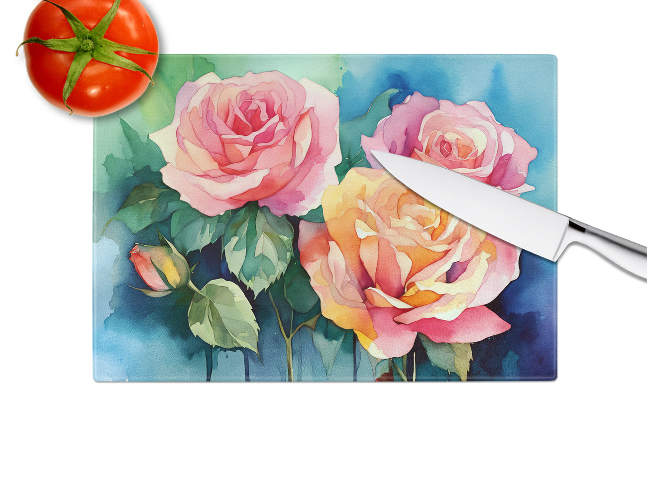 New York Roses in Watercolor Glass Cutting Board