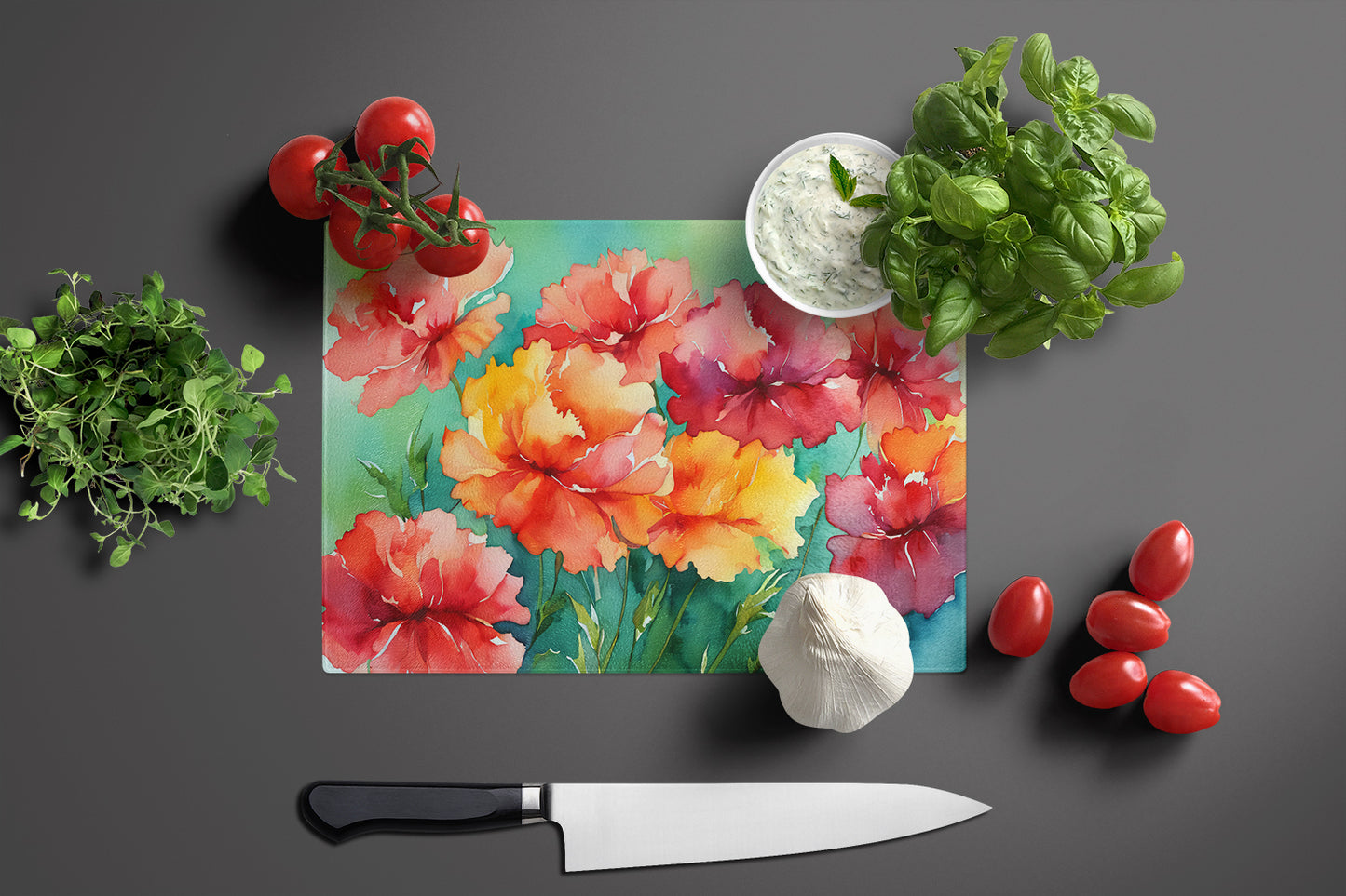 Ohio Scarlet Carnations in Watercolor Glass Cutting Board