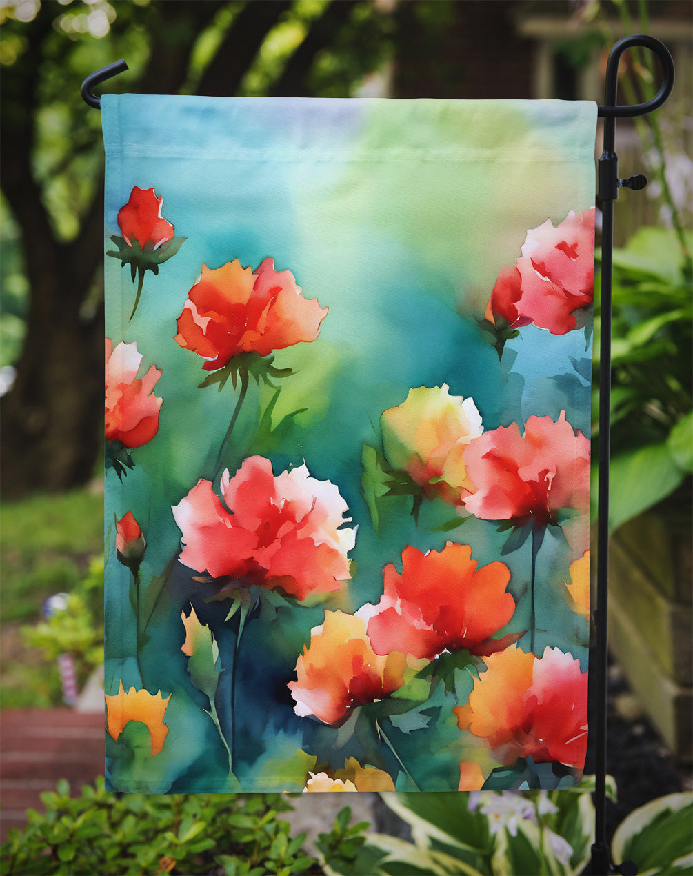 Ohio Scarlet Carnations in Watercolor Garden Flag