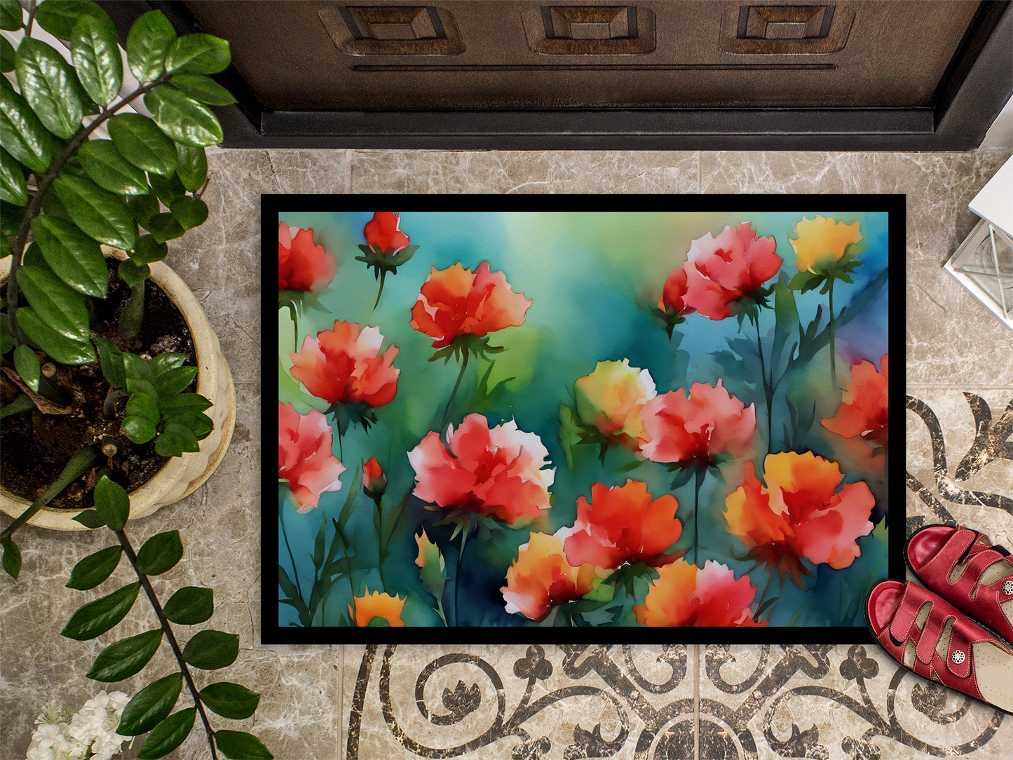 Ohio Scarlet Carnations in Watercolor Doormat