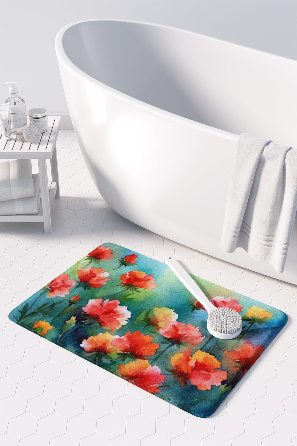 Ohio Scarlet Carnations in Watercolor Memory Foam Kitchen Mat