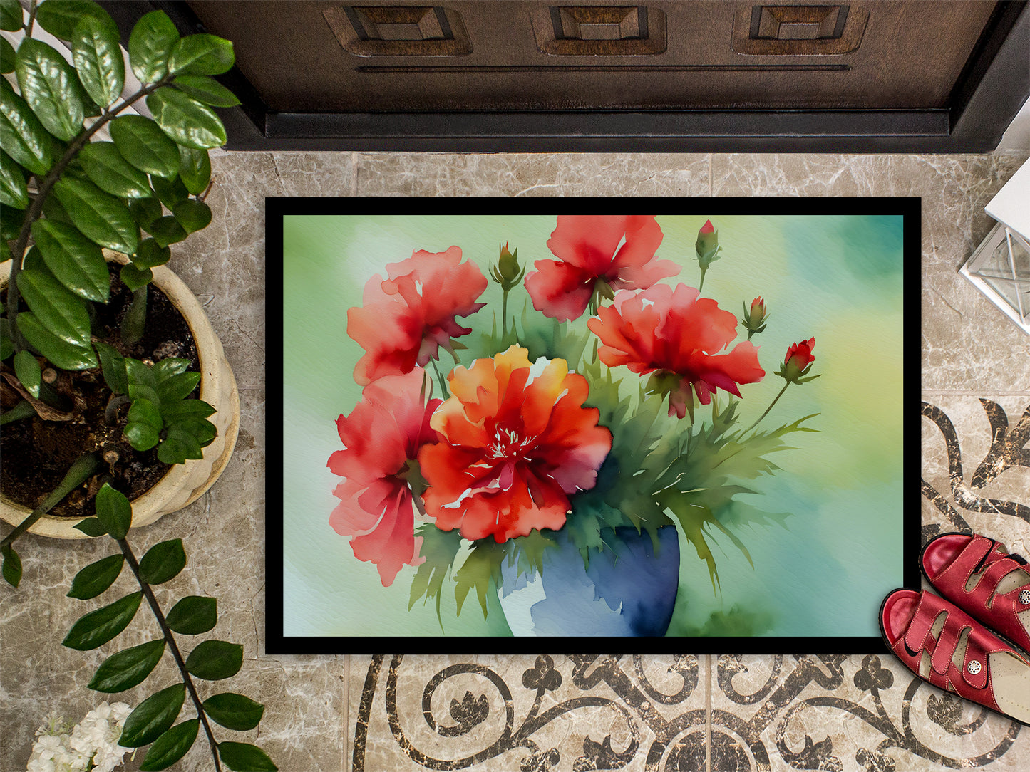 Ohio Scarlet Carnations in Watercolor Doormat